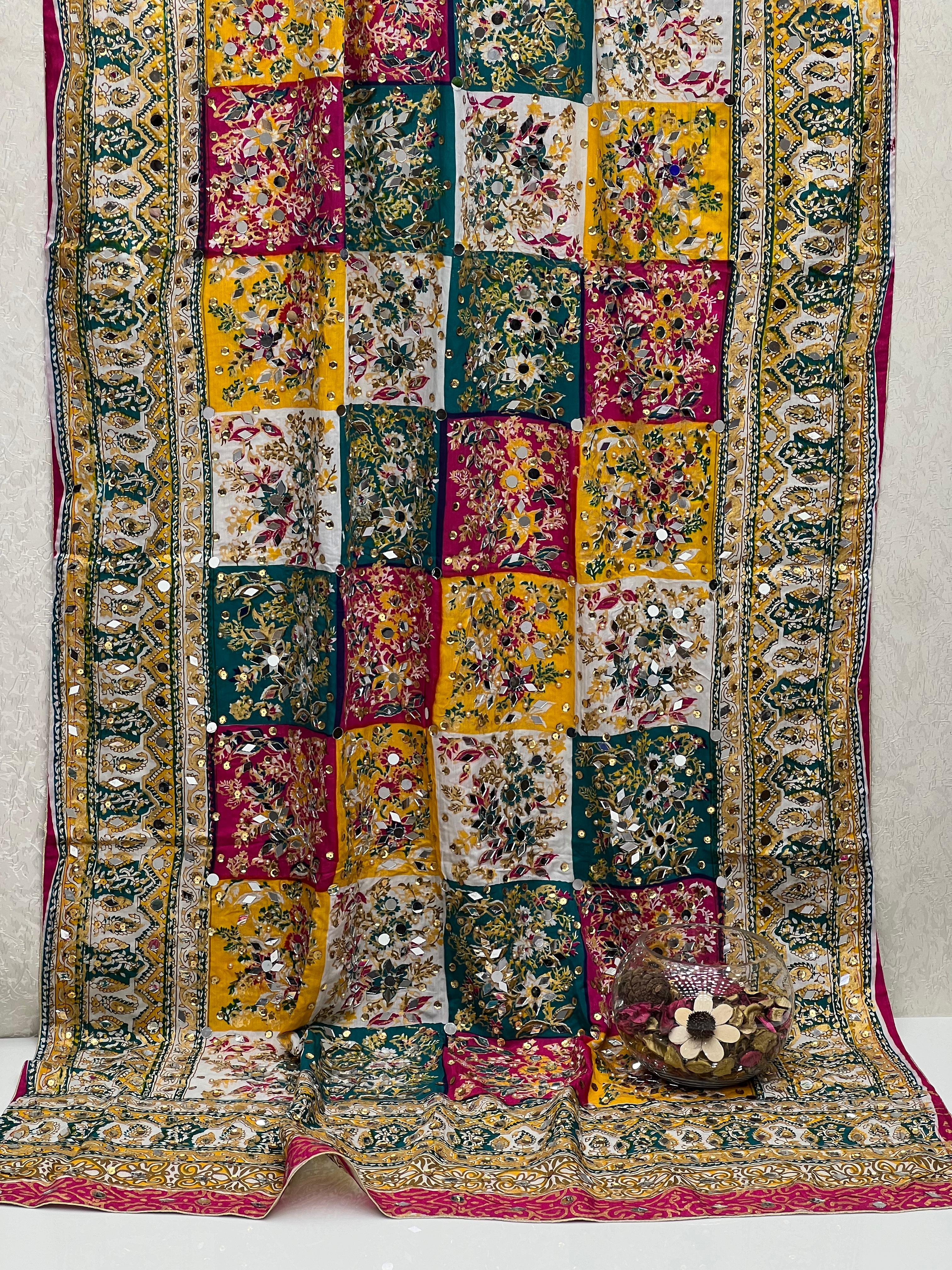 Handmade Fancy Heavy Pearl And Sheesha Work Block Print Silk Dupatta.