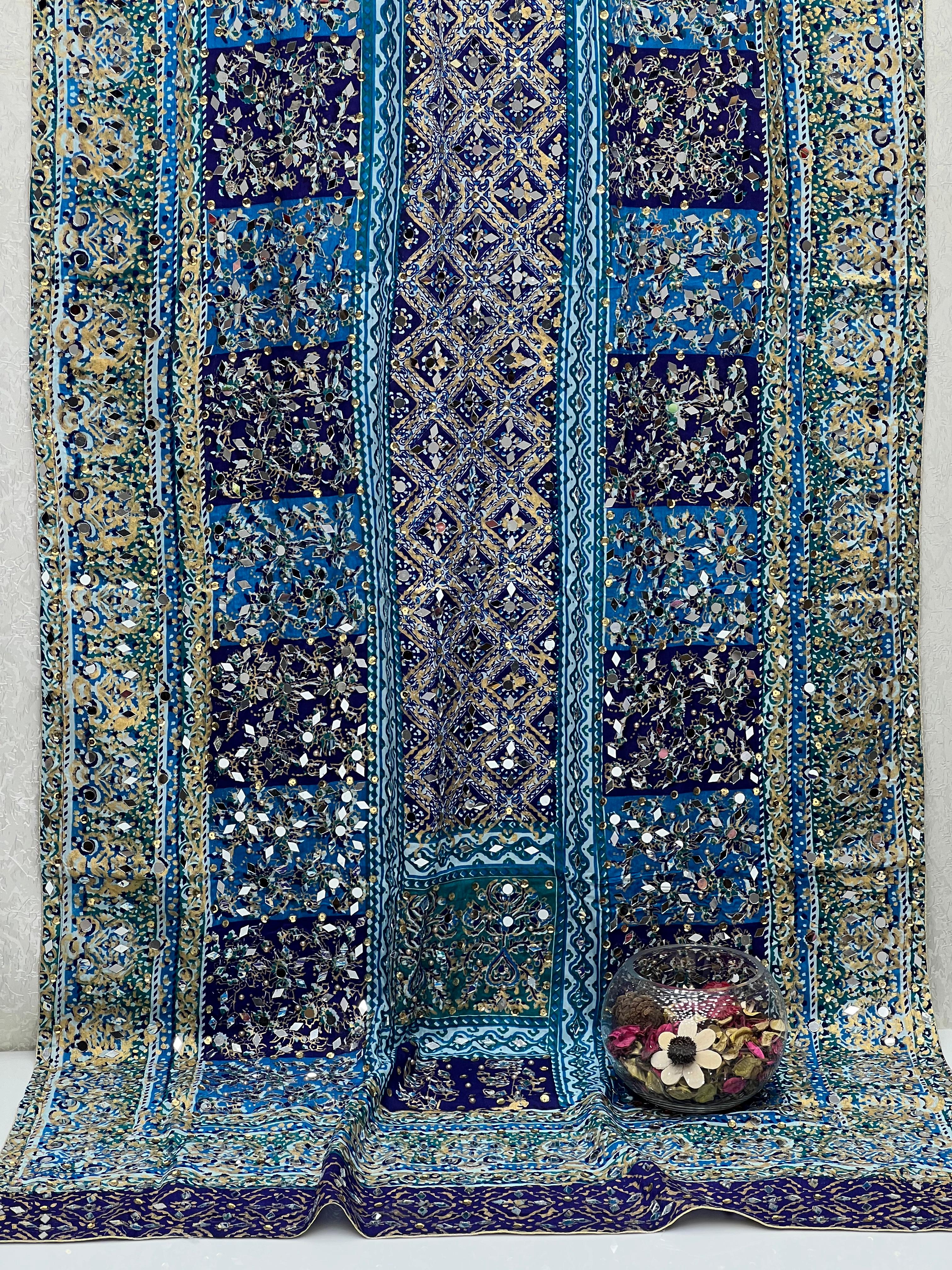 Handmade Fancy Heavy Pearl And Sheesha Work Block Print Silk Dupatta.