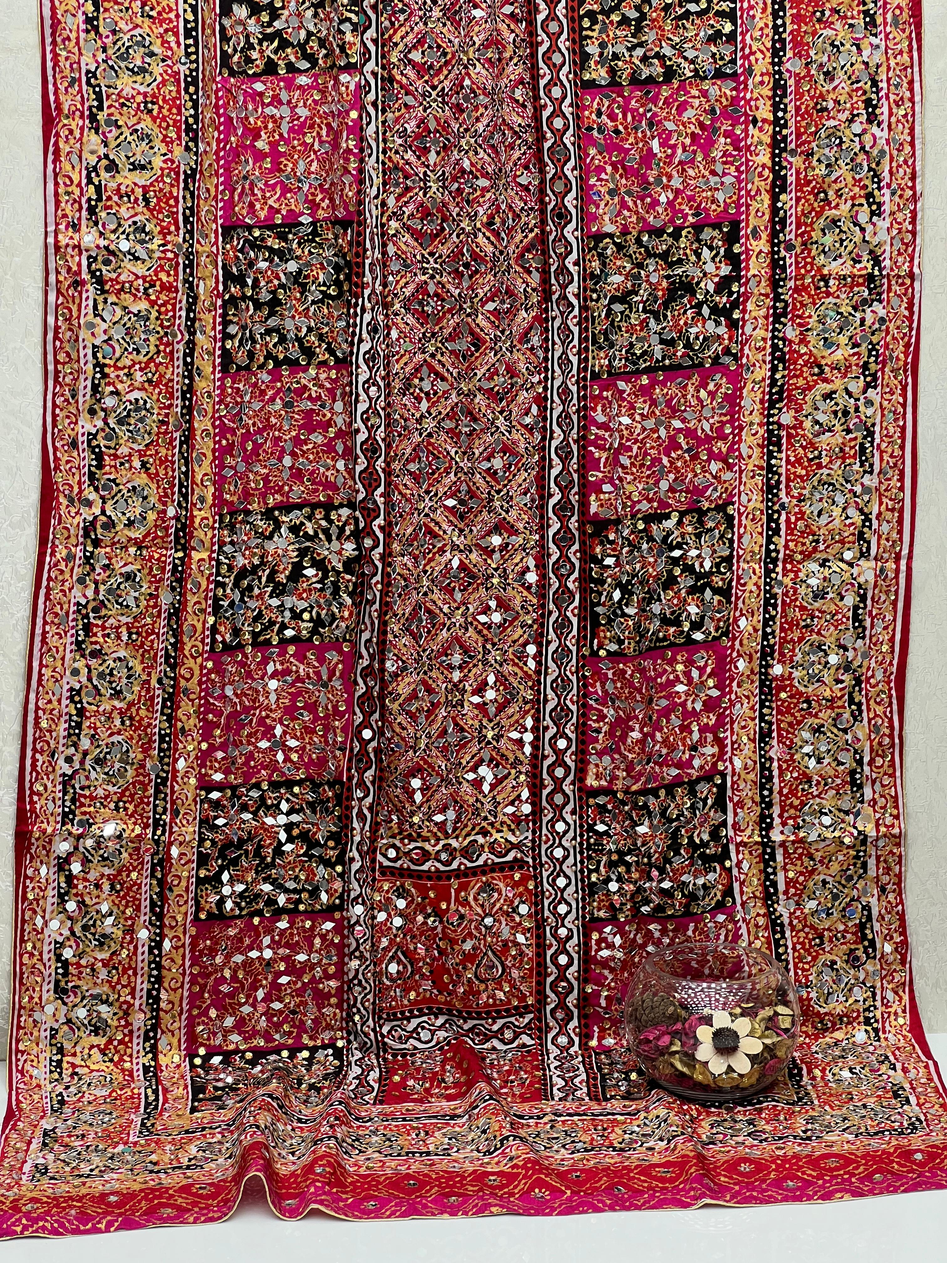 Handmade Fancy Heavy Pearl And Sheesha Work Block Print Silk Dupatta.