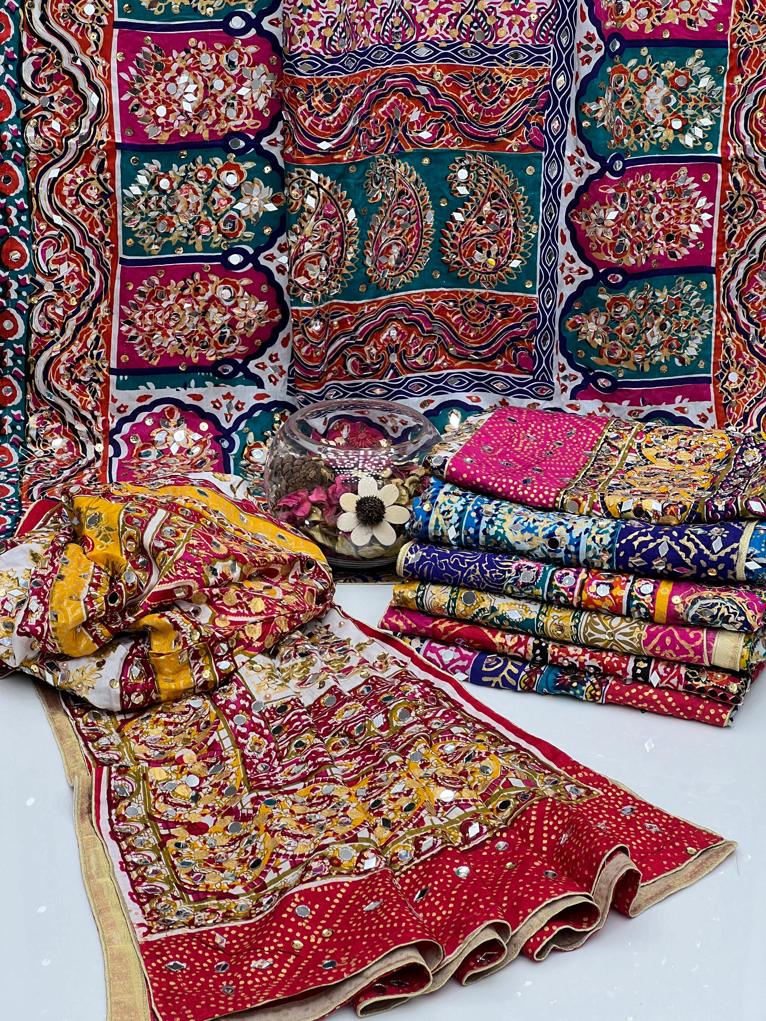 Handmade Fancy Heavy Pearl And Sheesha Work Block Print Silk Dupatta.