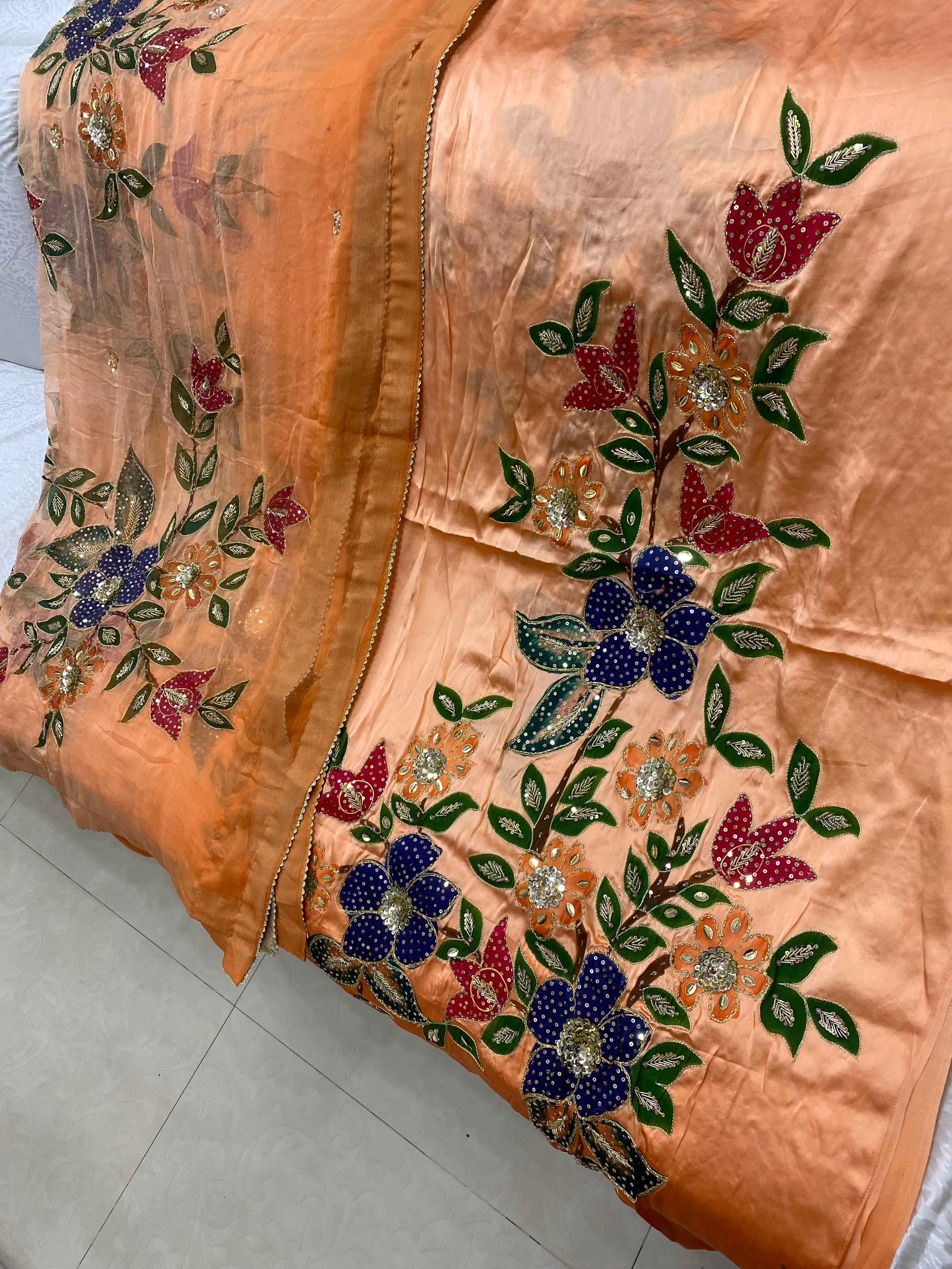 New arrivals bridal zari sequence work with hand paint pure shamoz silk shirt pure China crinkle chiffon 