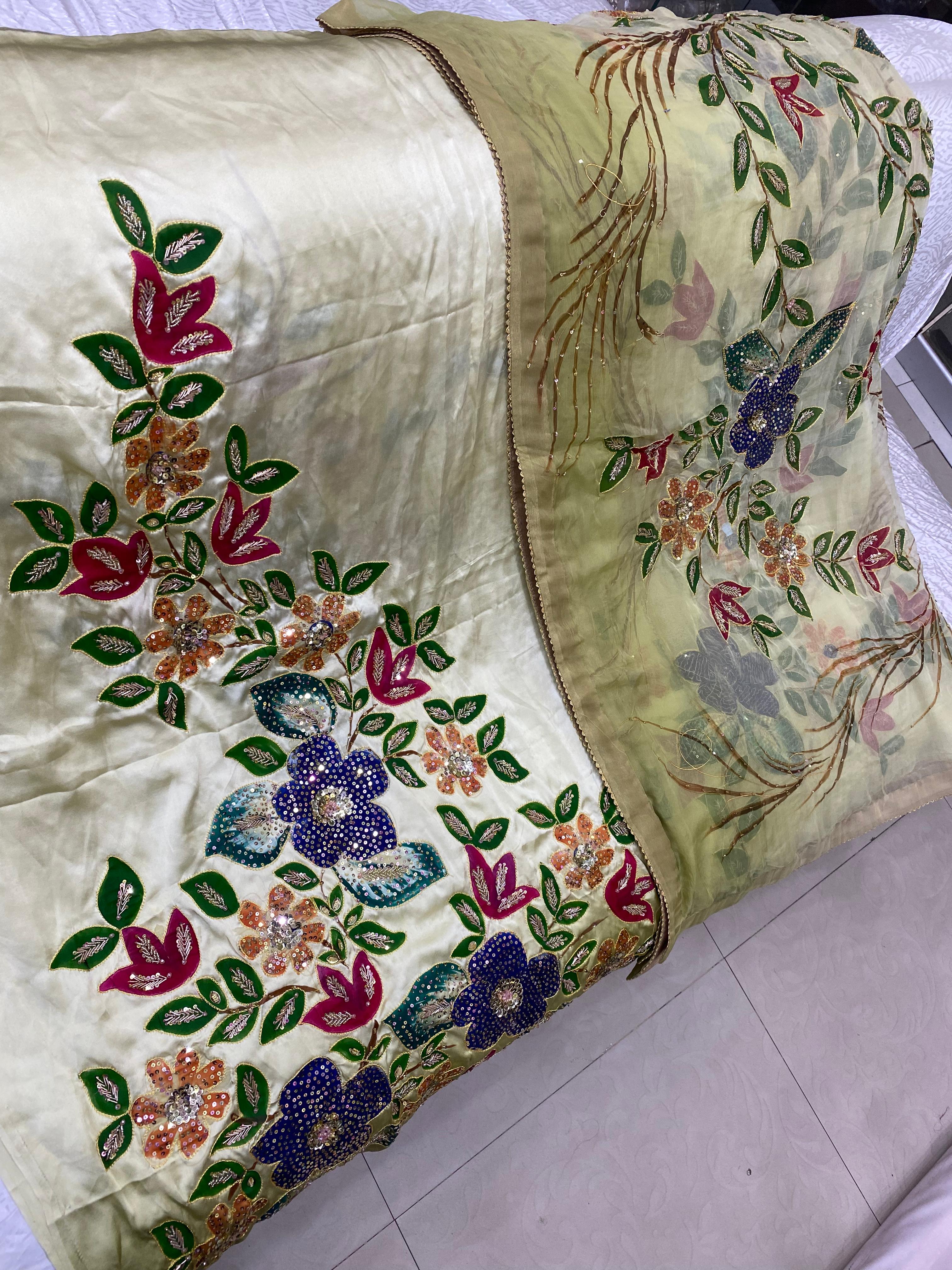 New arrivals bridal zari sequence work with hand paint pure shamoz silk shirt pure China crinkle chiffon 