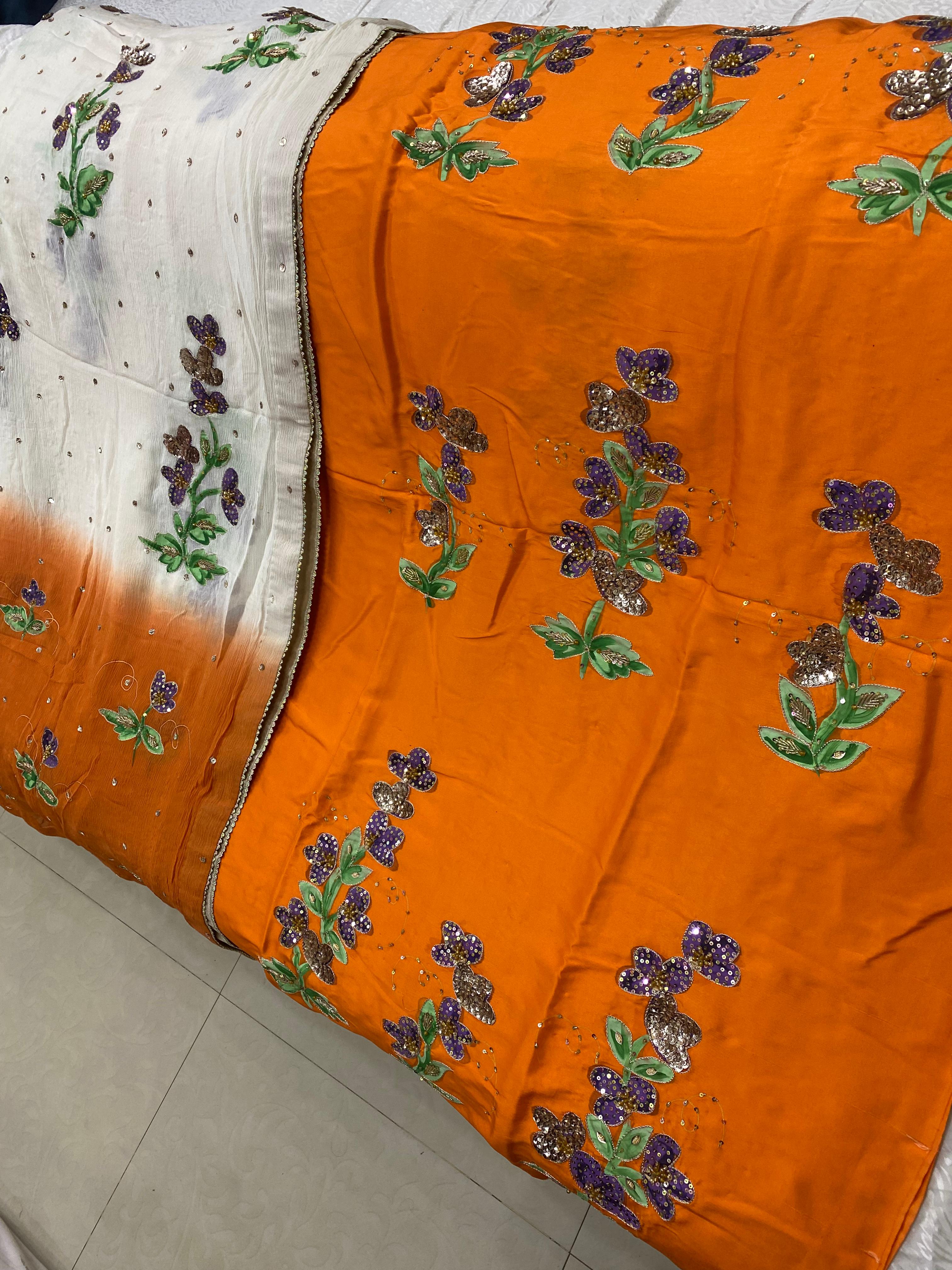 New arrivals bridal zari sequence work with hand paint pure shamoz silk shirt pure China crinkle chiffon 