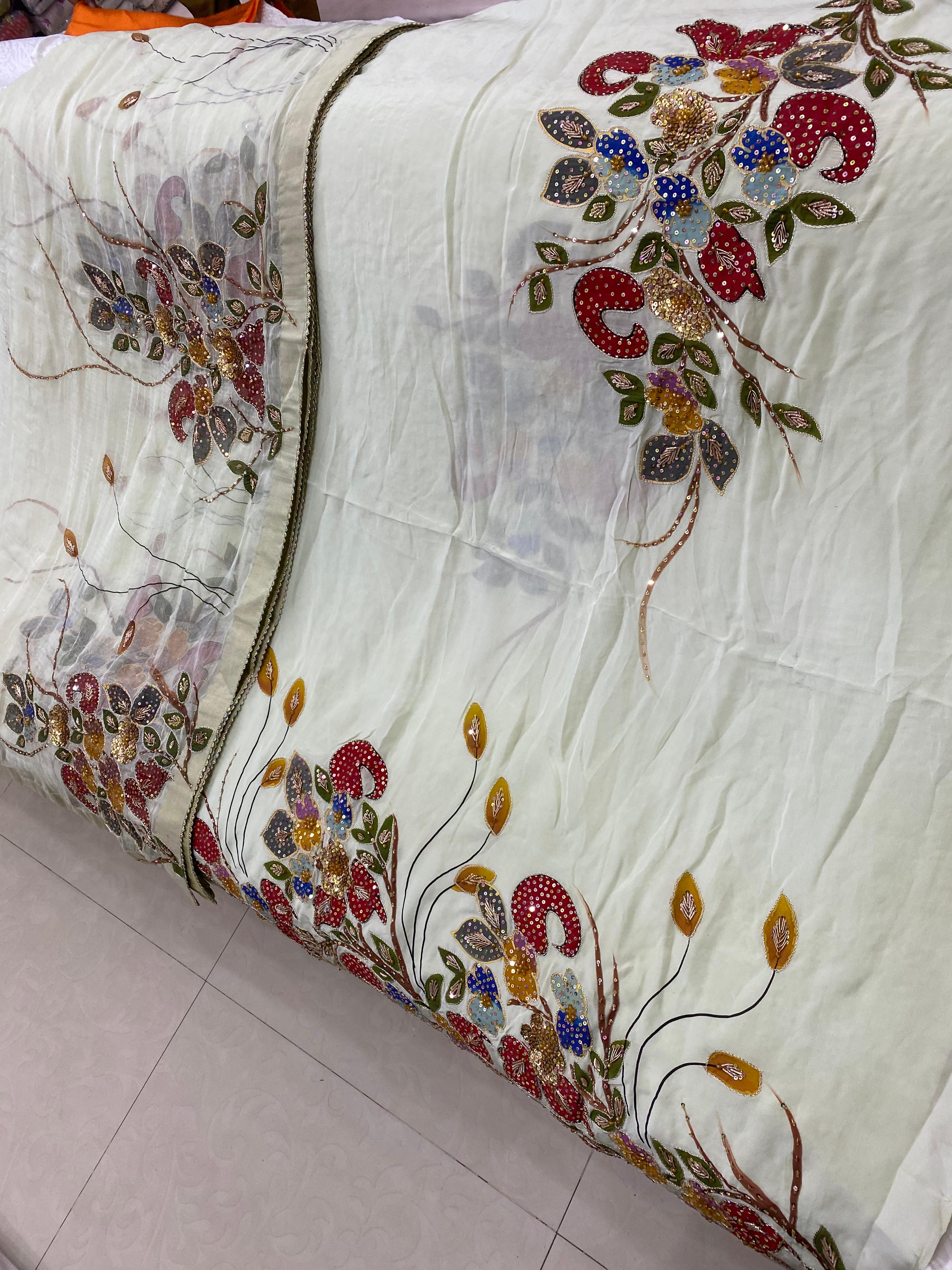 New arrivals bridal zari sequence work with hand paint pure shamoz silk shirt pure China crinkle chiffon 