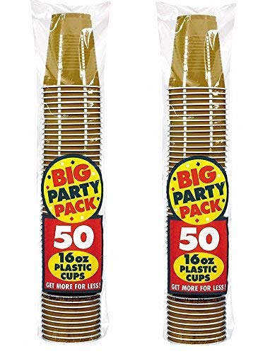 Amscan Big Party Pack 100 Plastic Cups, 16-Ounce, Gold, 50 Count (Pack of 2)