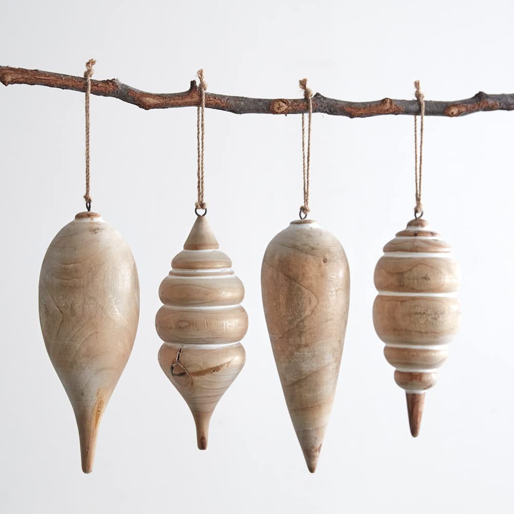 Carved Wood Christmas Hanging Ornaments, Set of 4