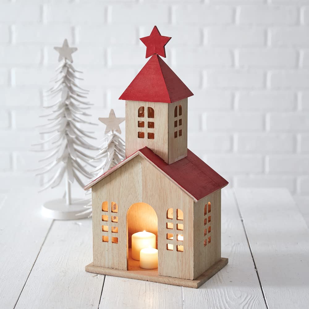 Wooden Holiday Schoolhouse Christmas Candle Lantern, 18-inch Height,