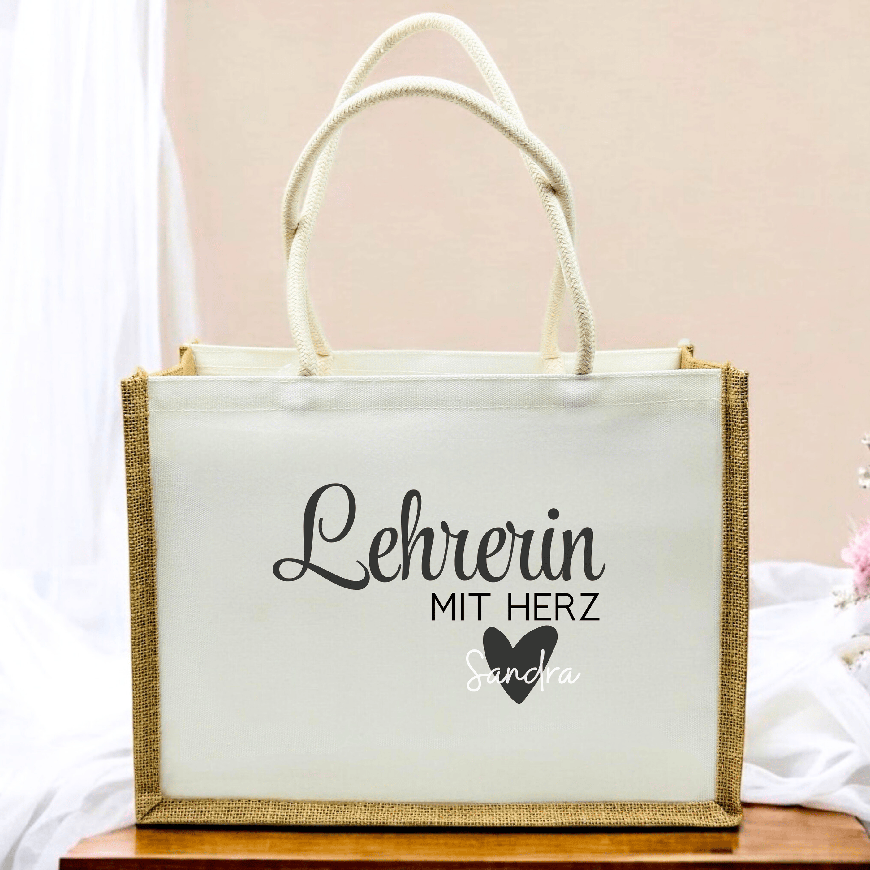 Personalisierte Jutetasche – Lehrerin mit Herz