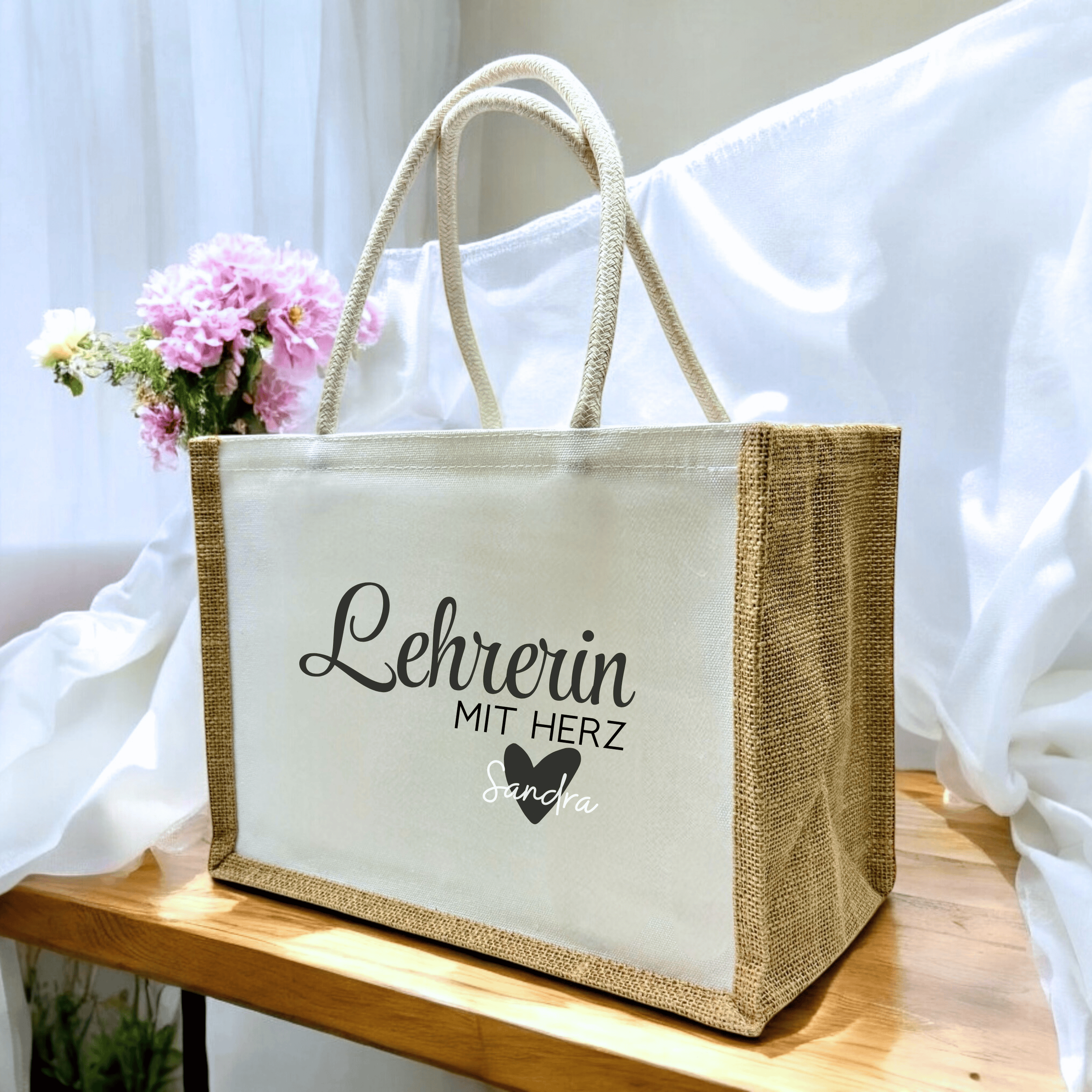 Personalisierte Jutetasche – Lehrerin mit Herz