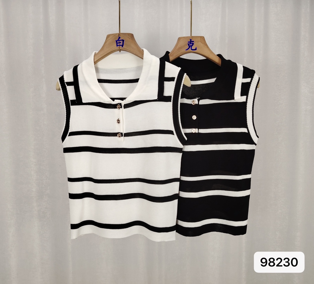 Sleeveless Striped Polo Knit Tops