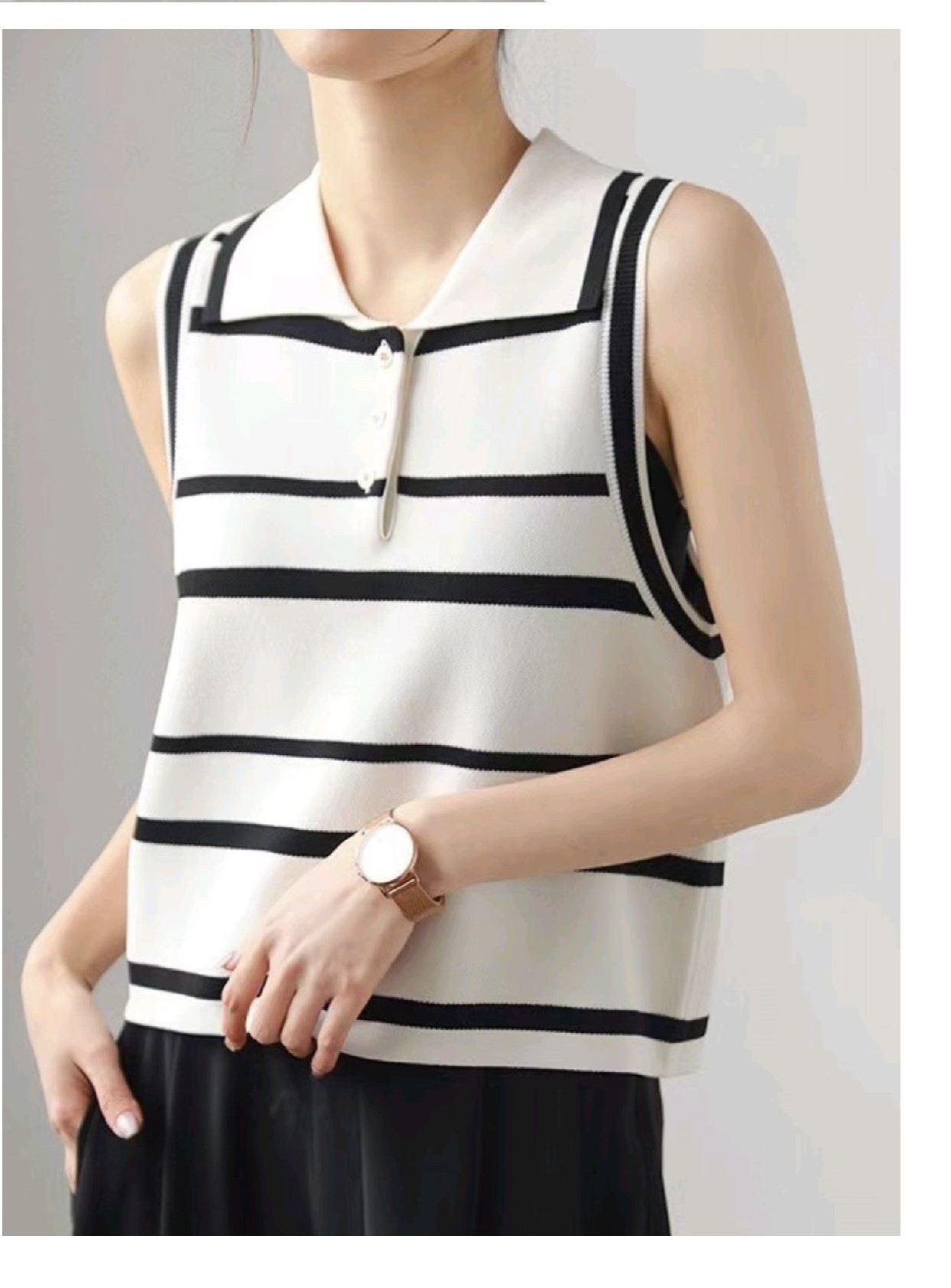 Sleeveless Striped Polo Knit Tops