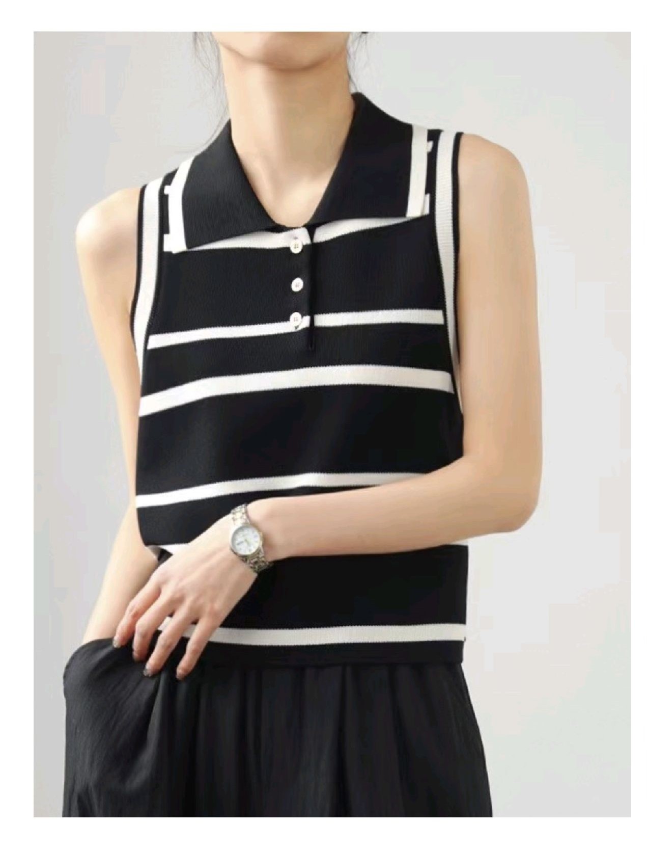 Sleeveless Striped Polo Knit Tops
