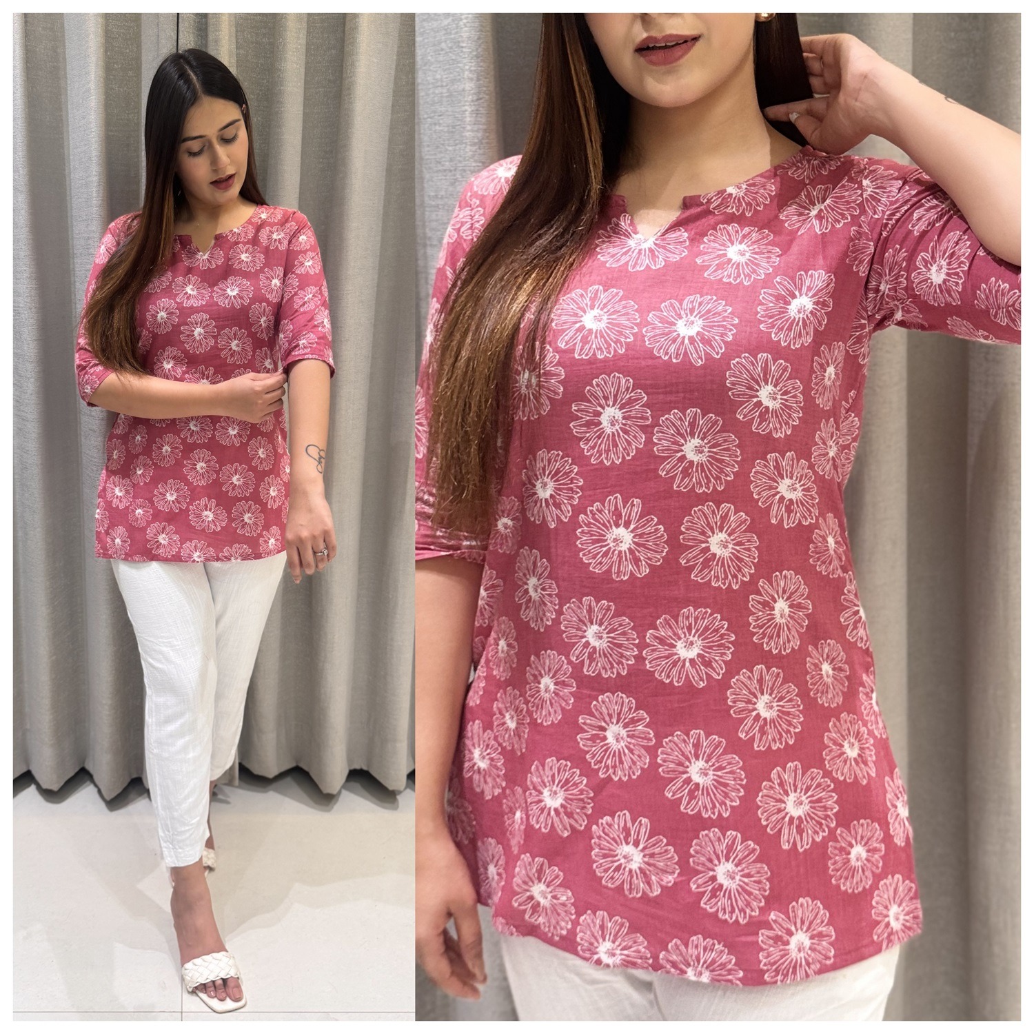 Cotton Round Neck V Cut Straight Tops