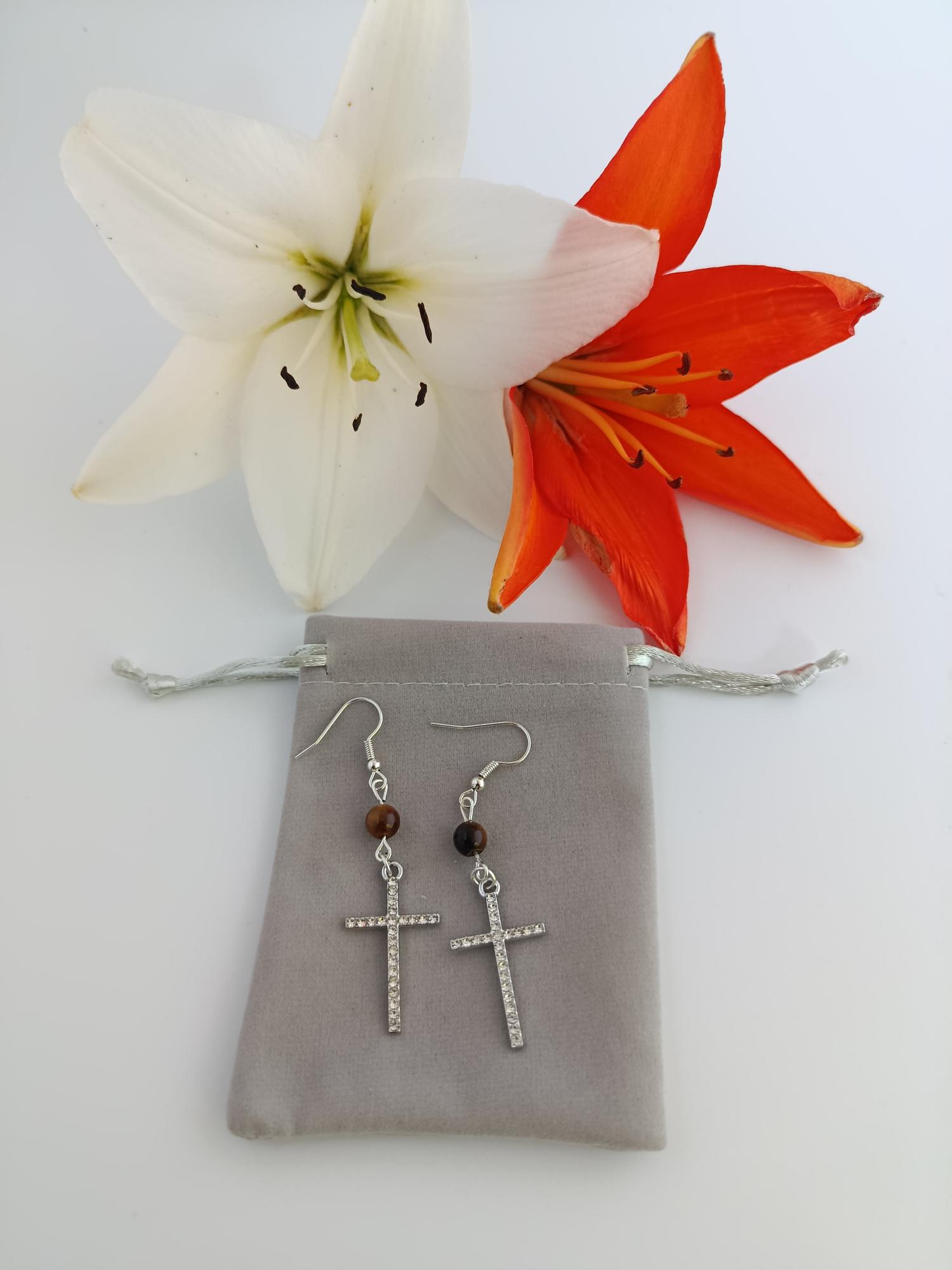 Boucles d’oreilles Croix & Pierres naturelles – Fait main