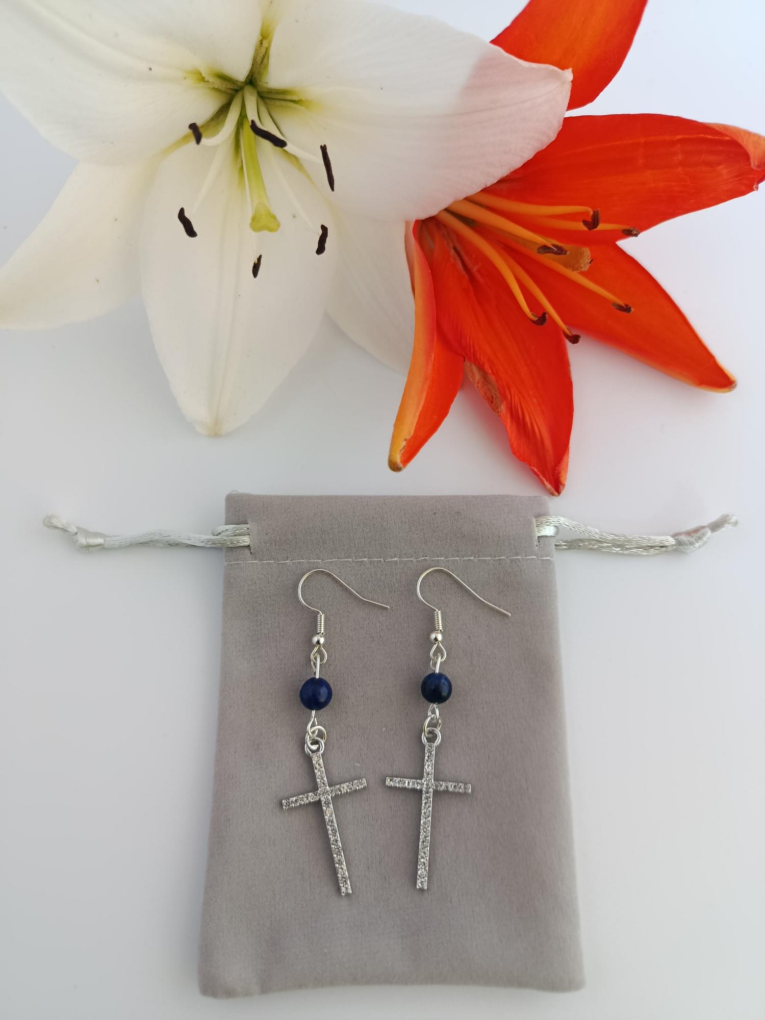 Boucles d’oreilles Croix & Pierres naturelles – Fait main