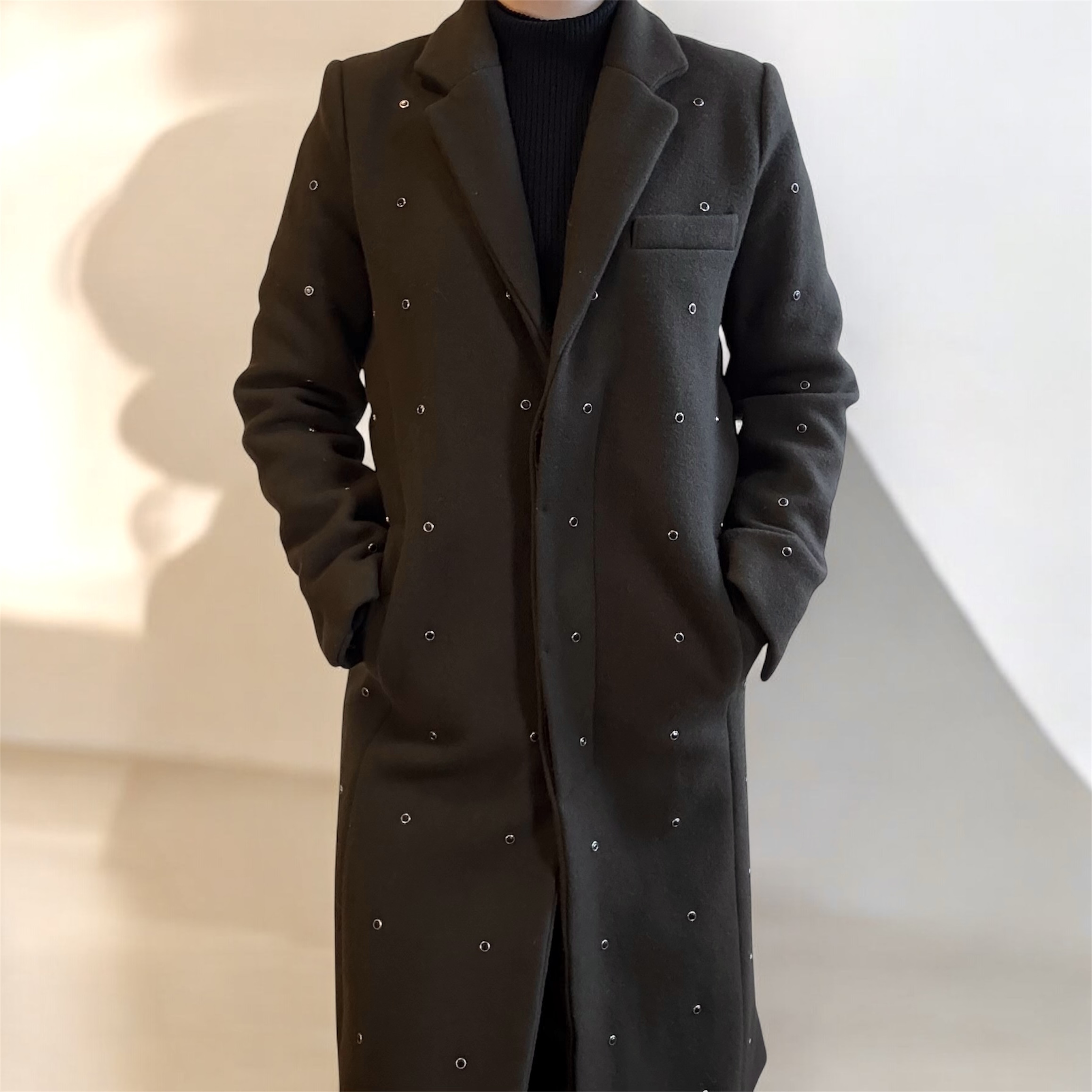 Black Onyx Studded Khaki Wool Coat