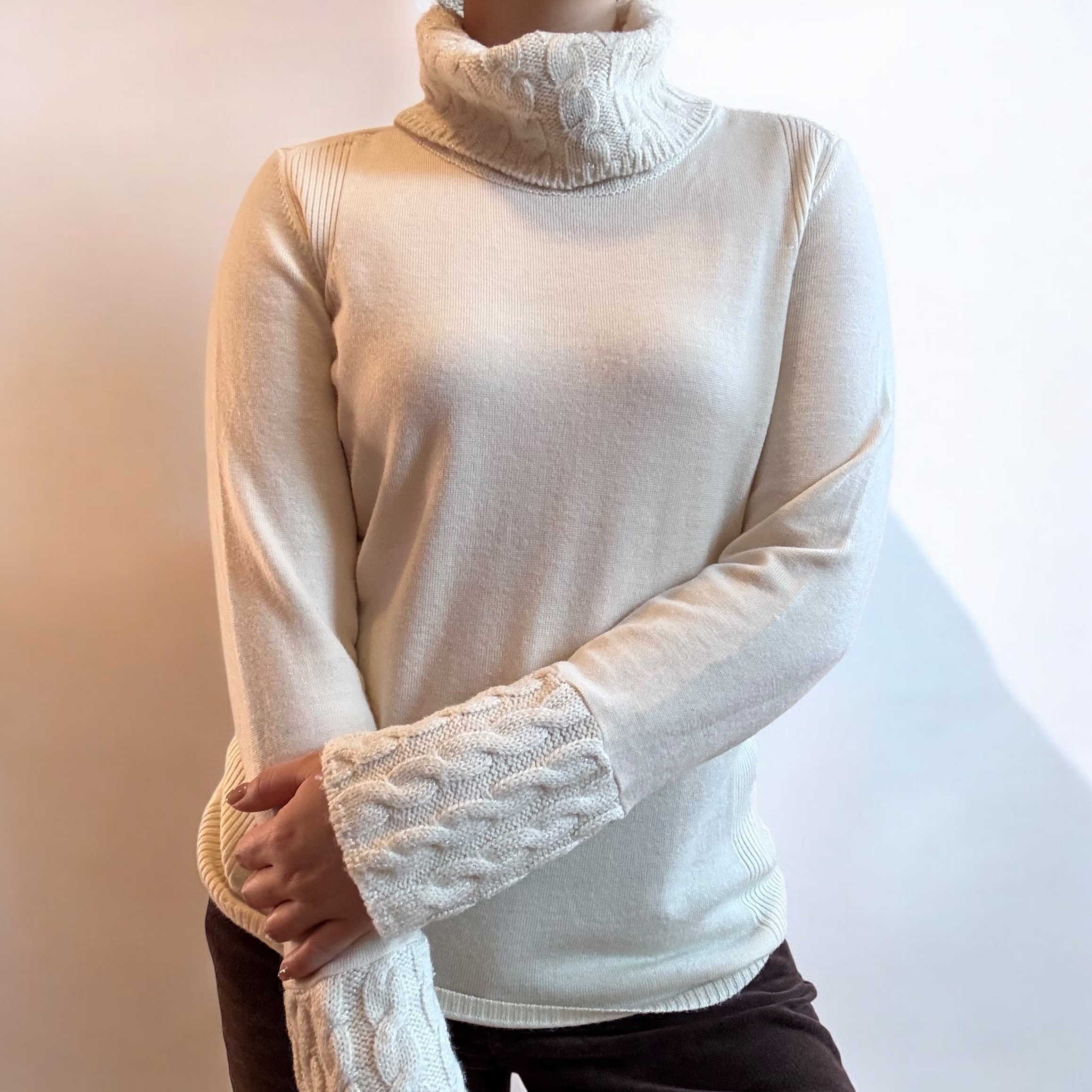 Ivory Wool Cable Knit Turtleneck