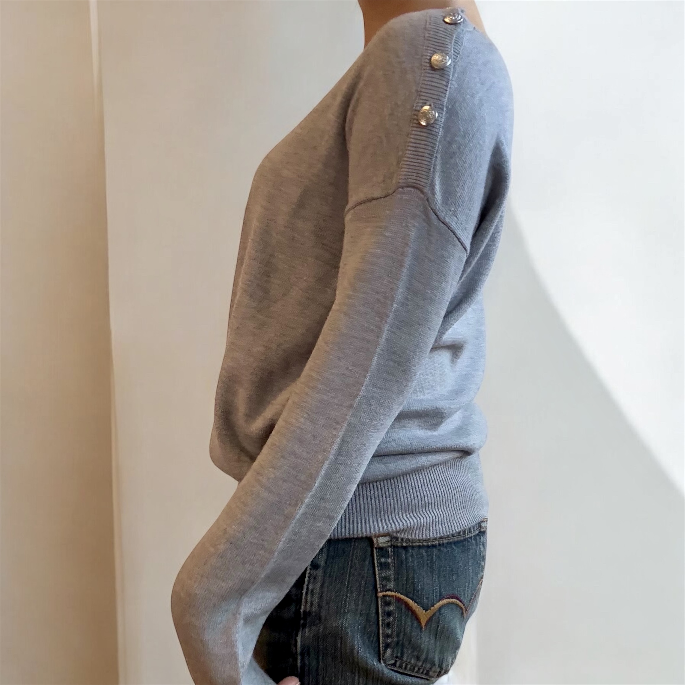 100% Wool Grey Button Sweater