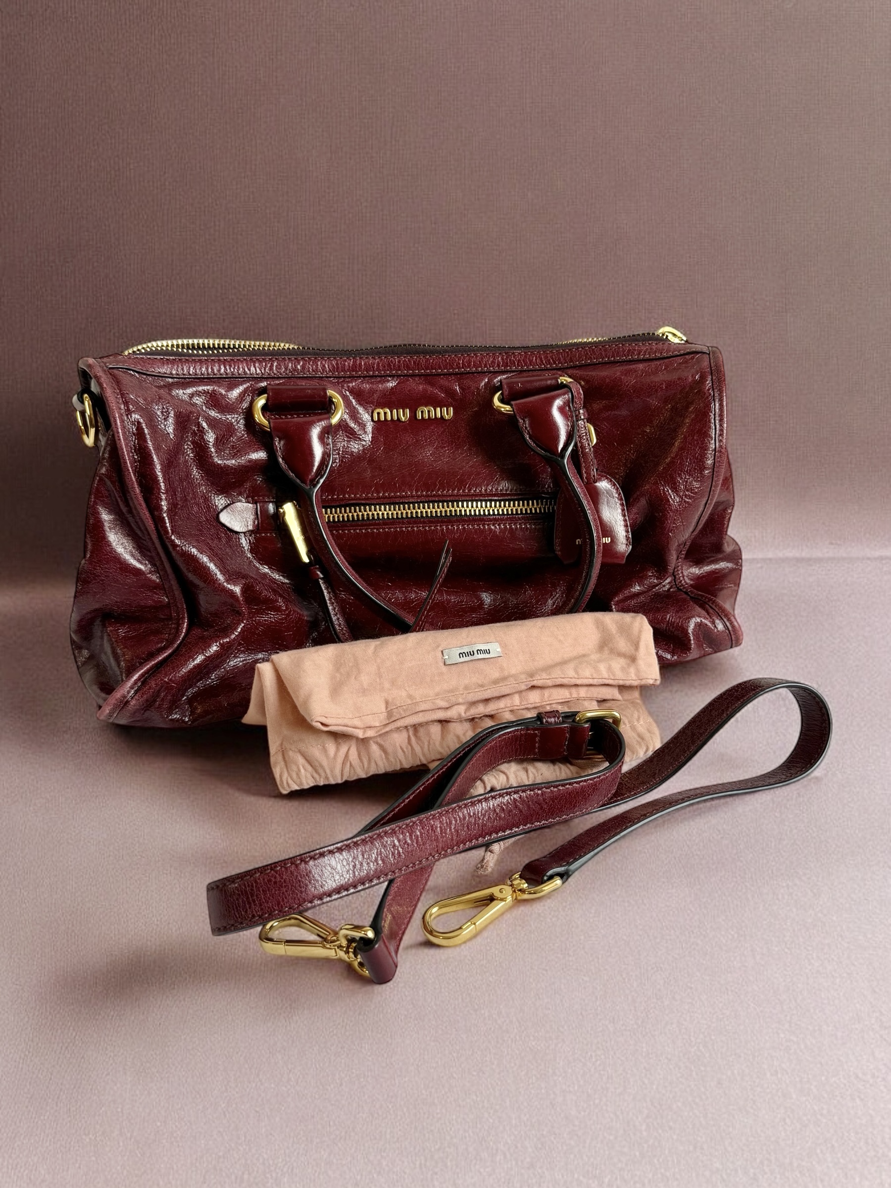 Miu Miu Cherry Red Vitello Shine Tote