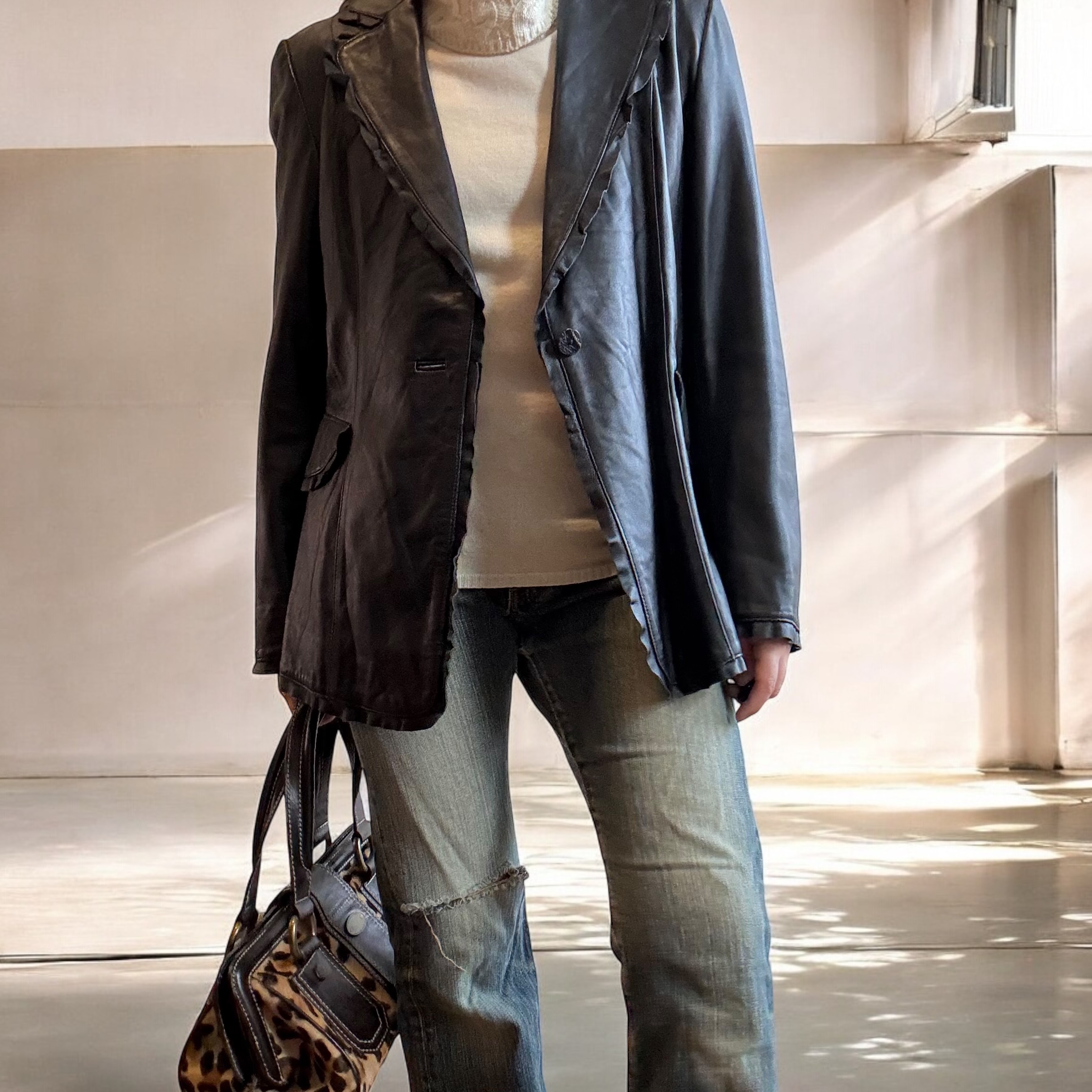 Ruffled Lambskin Leather Blazer
