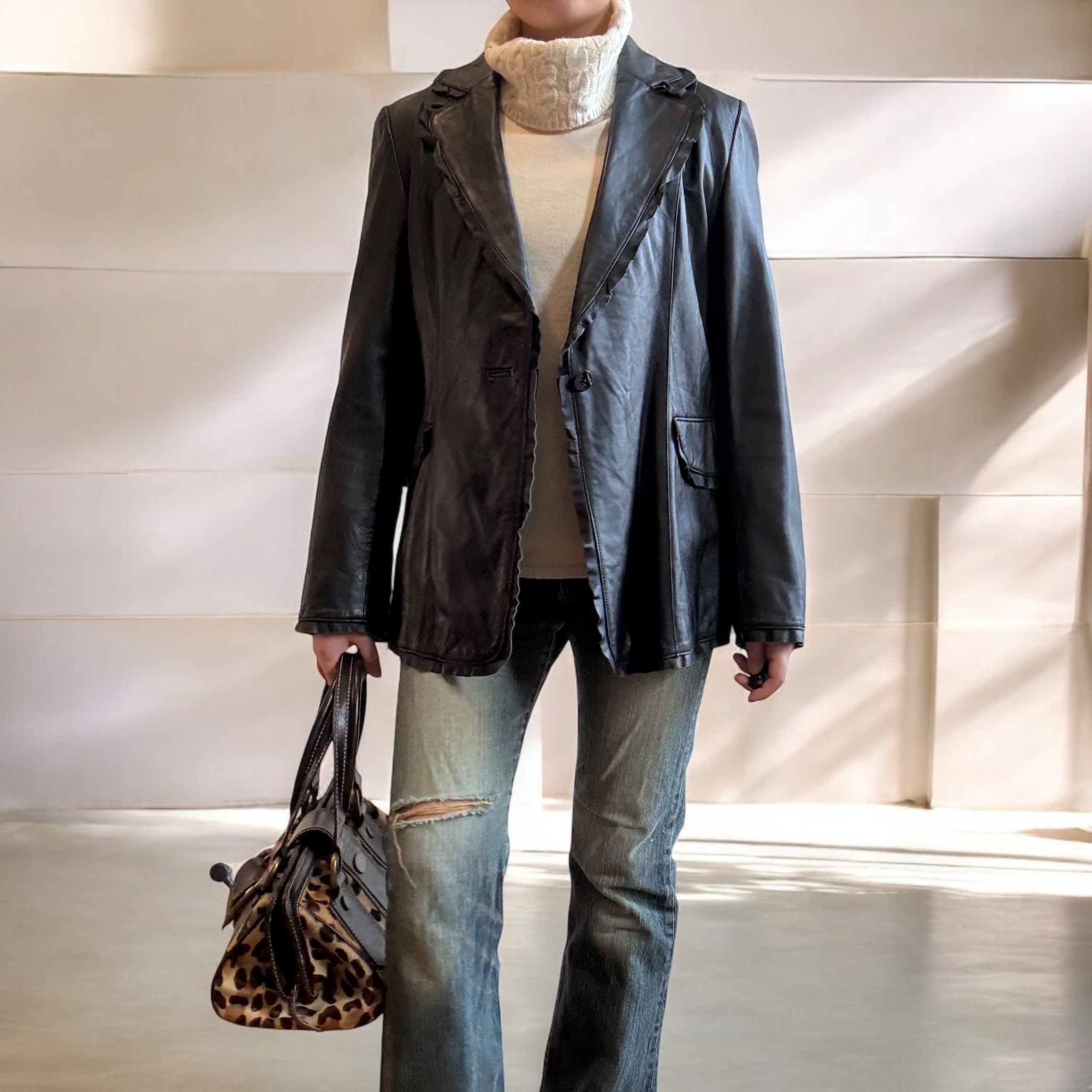 Ruffled Lambskin Leather Blazer