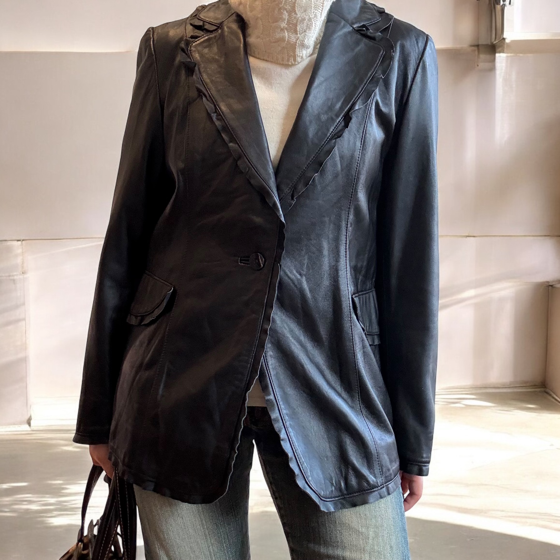 Ruffled Lambskin Leather Blazer