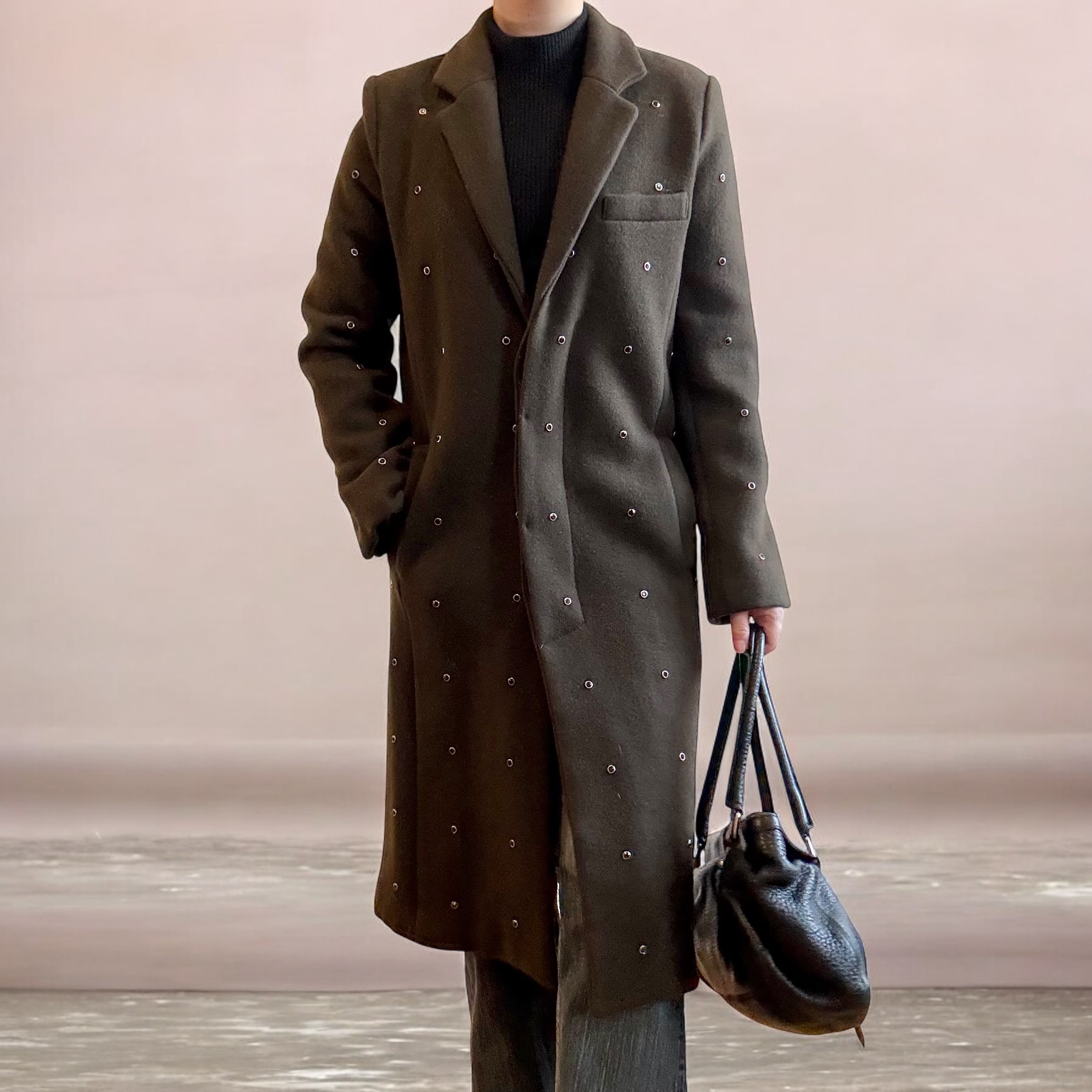 Black Onyx Studded Khaki Wool Coat