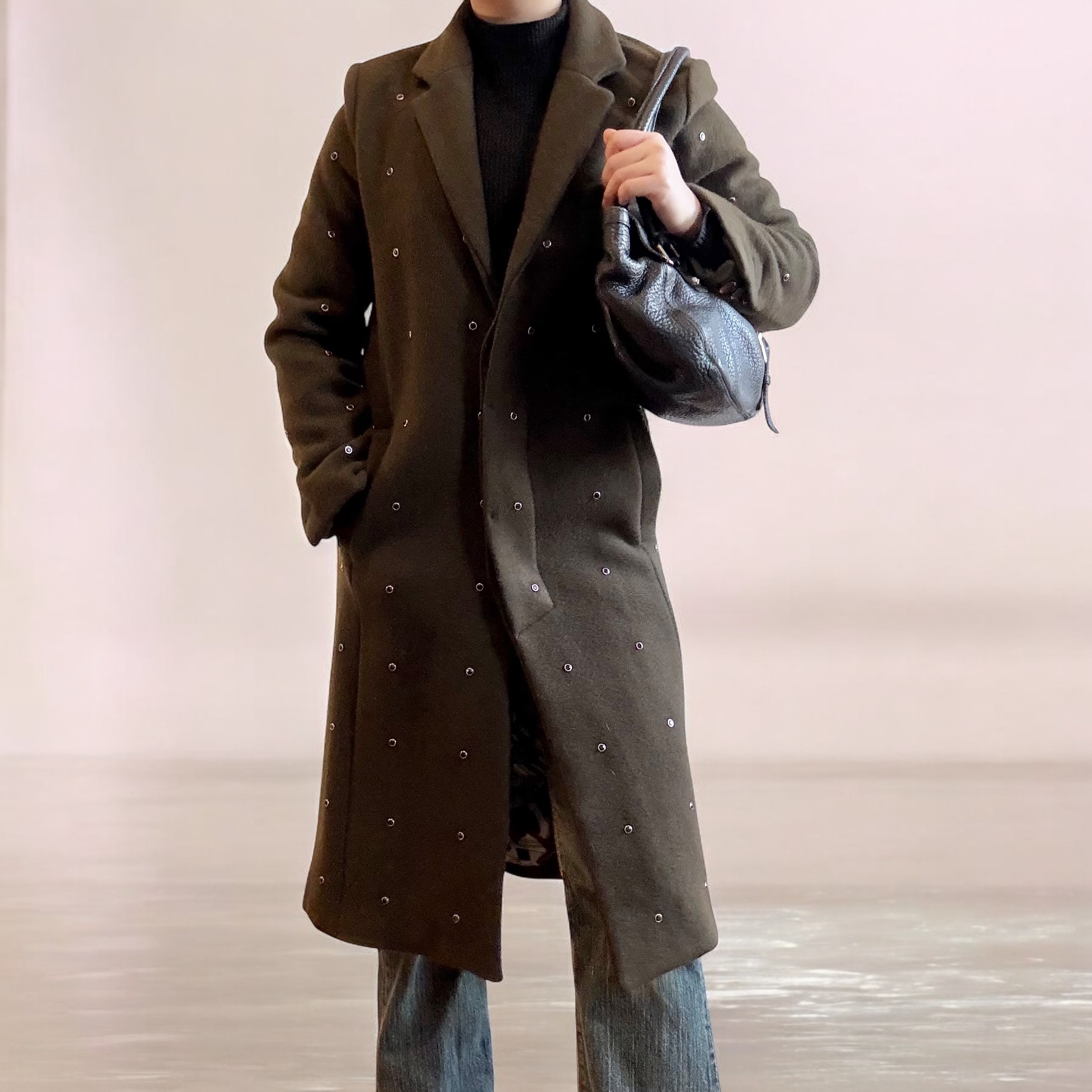 Black Onyx Studded Khaki Wool Coat
