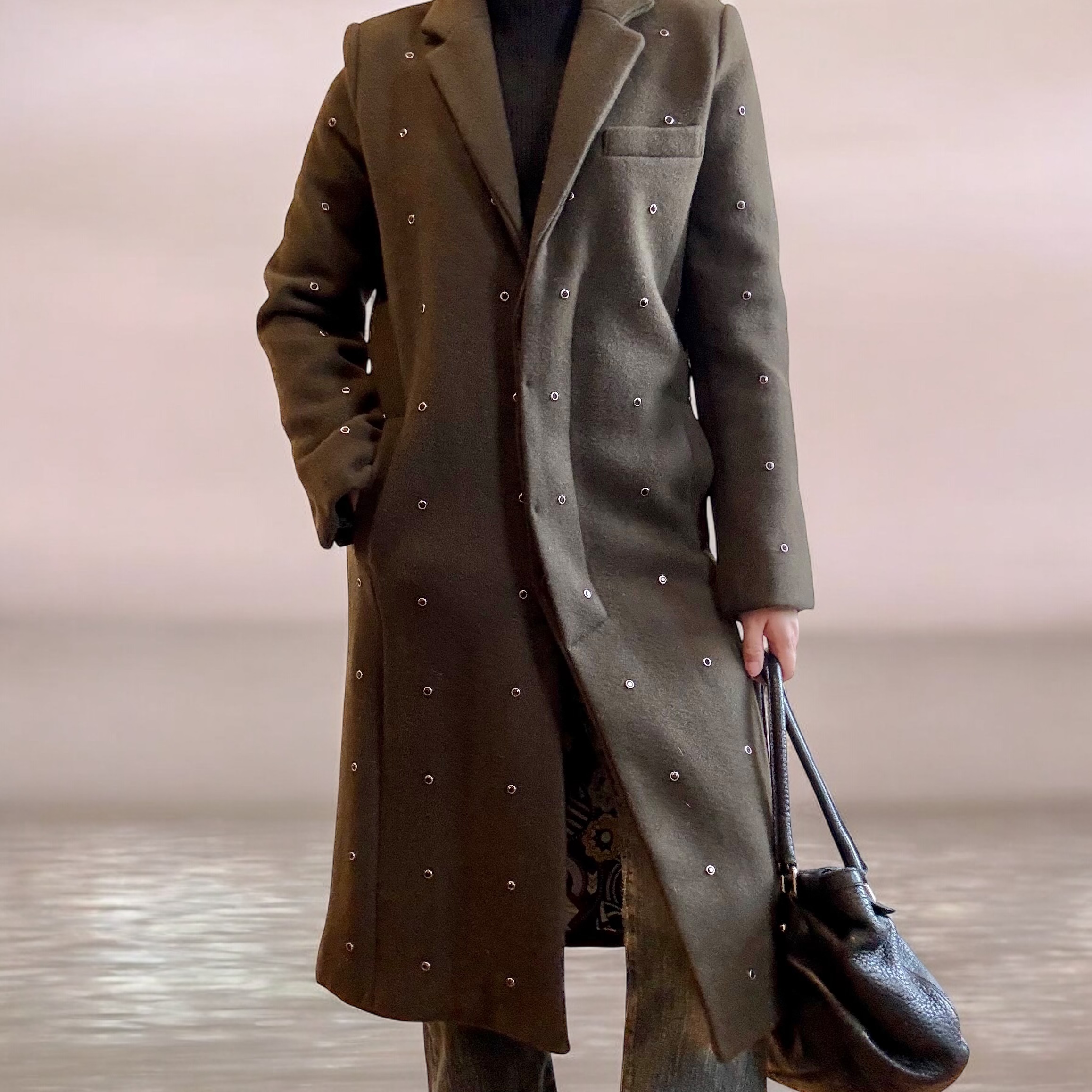 Black Onyx Studded Khaki Wool Coat