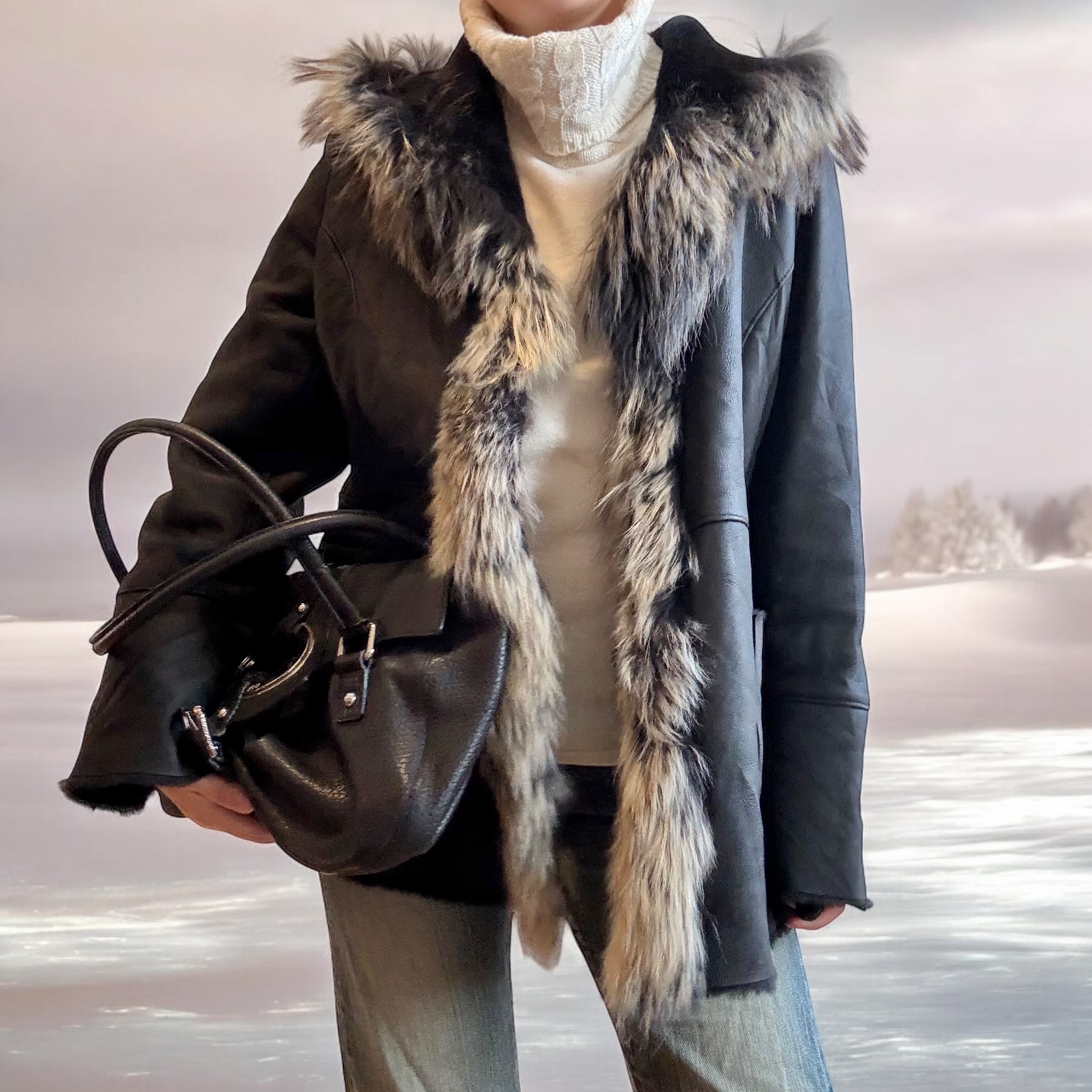 Fur Collar Shearling Leather Coat