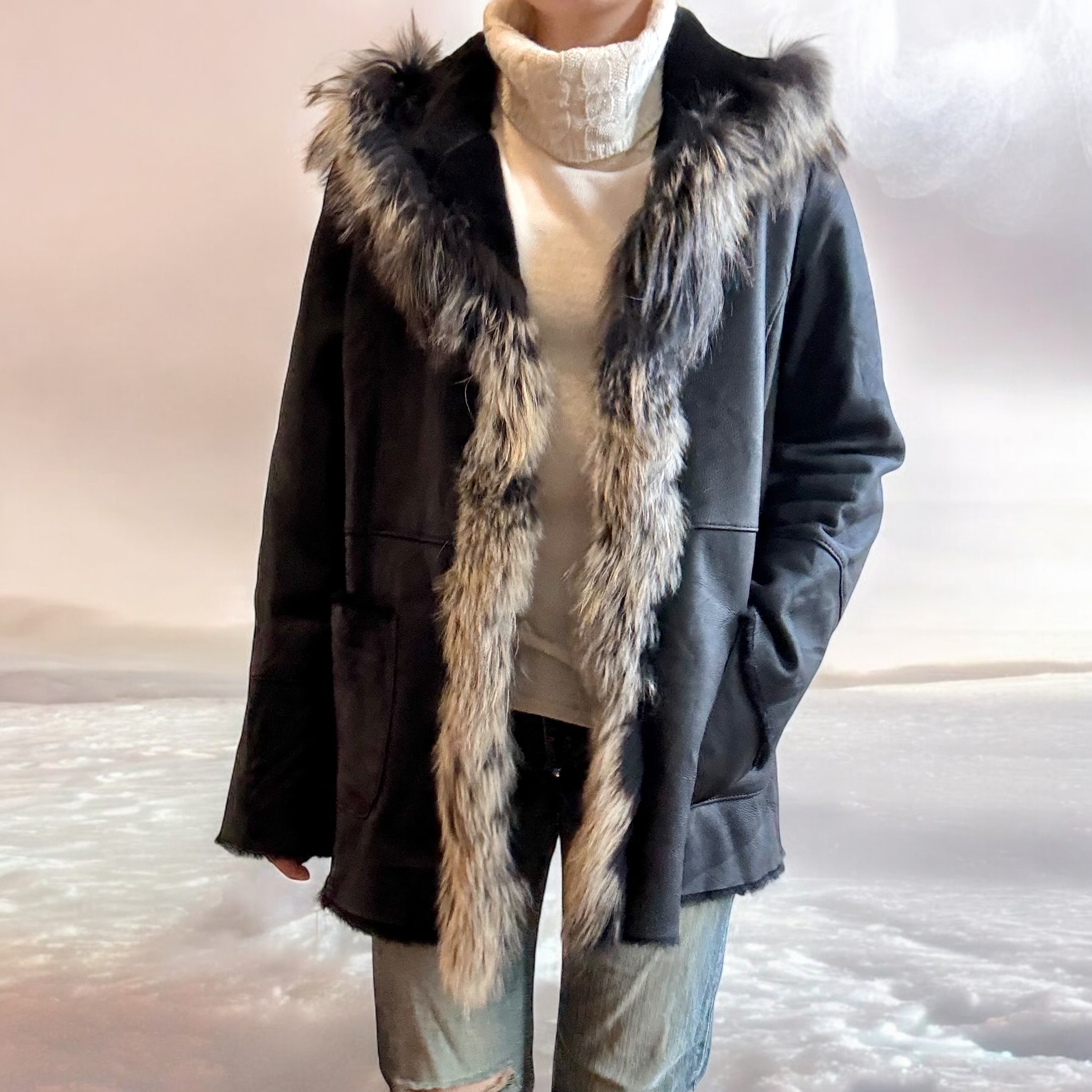Fur Collar Shearling Leather Coat