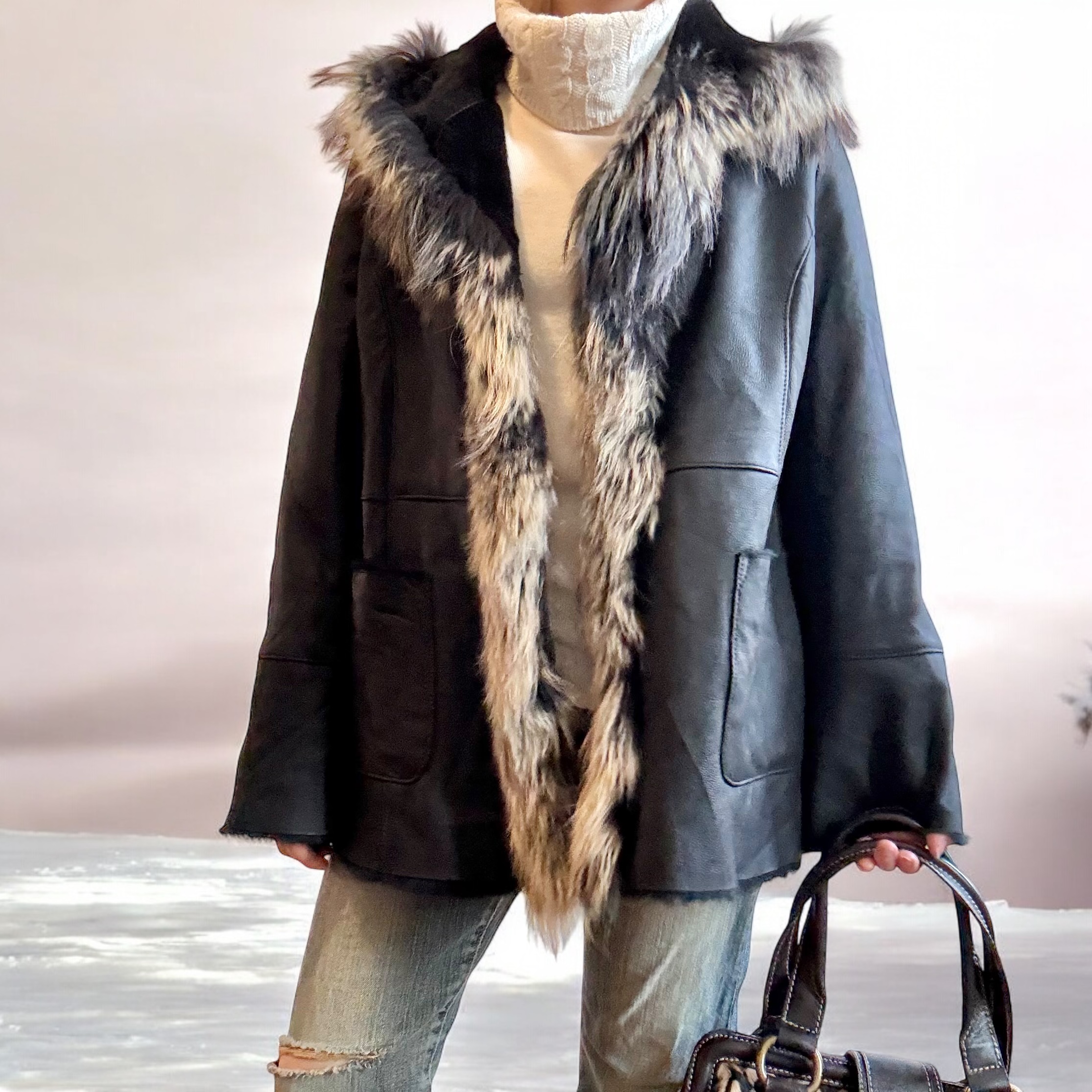Fur Collar Shearling Leather Coat