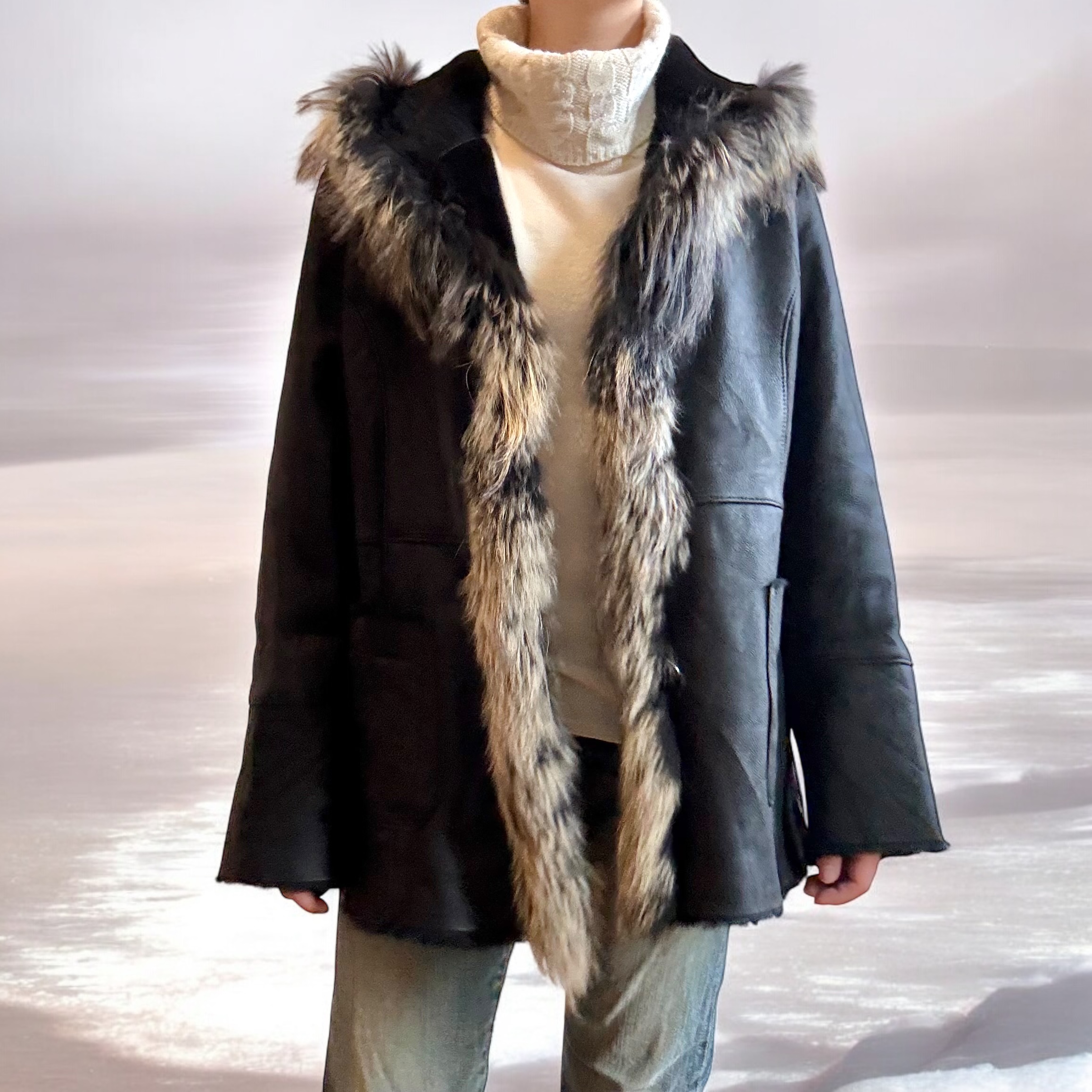 Fur Collar Shearling Leather Coat
