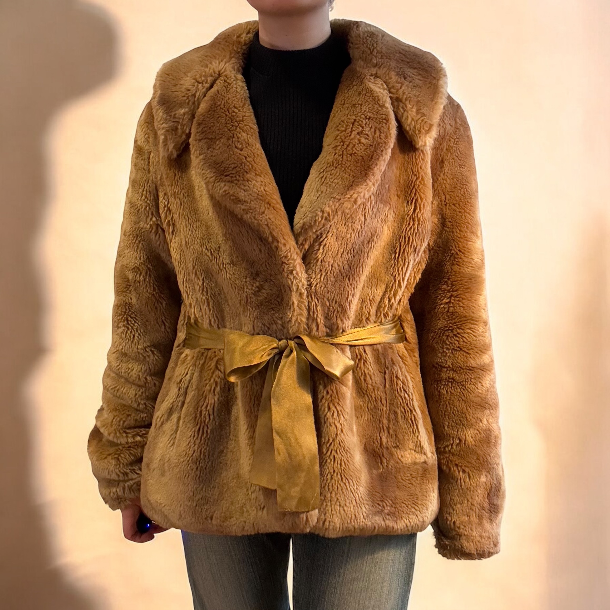 Golden Brown Fur Teddy Jacket with Satin Bow Tie