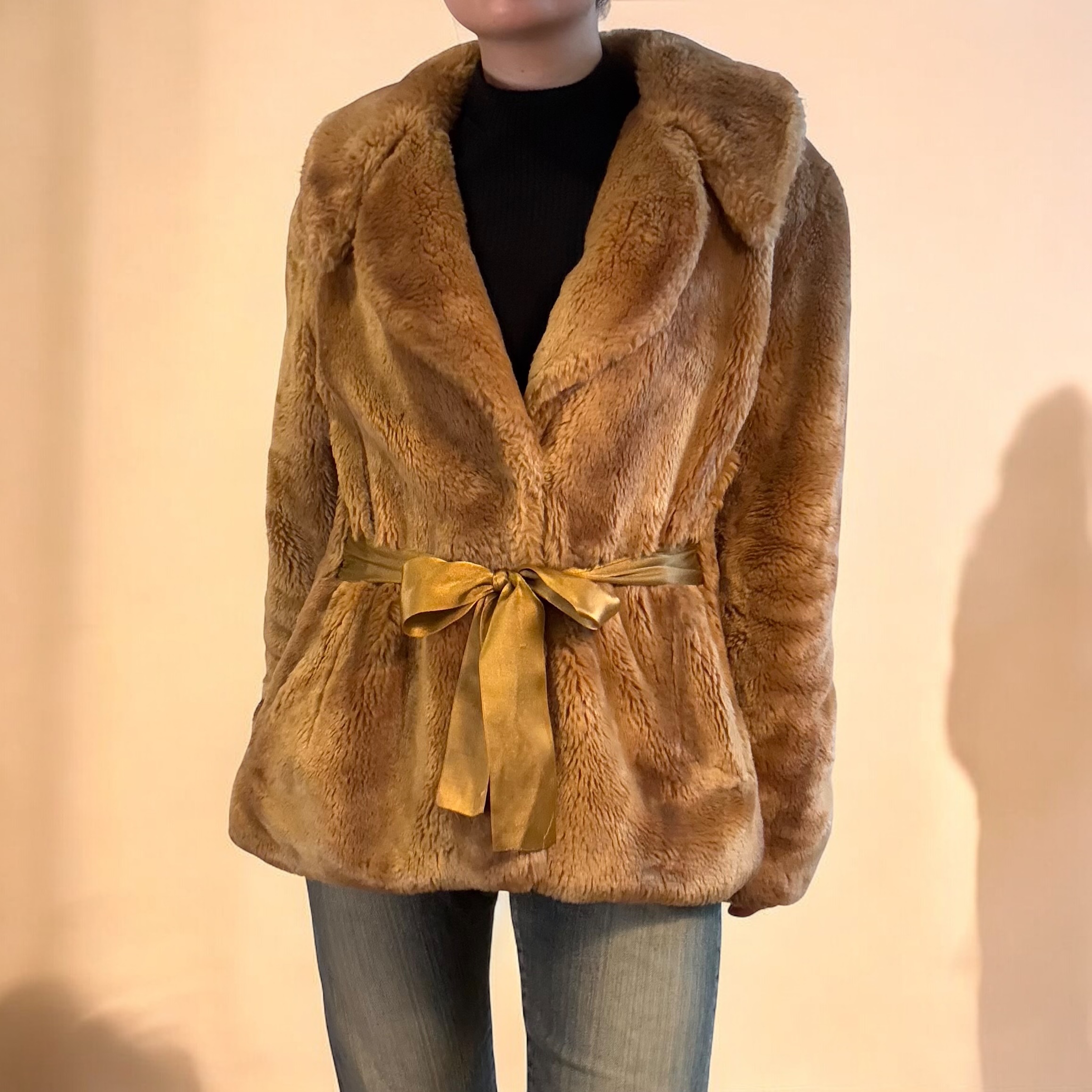 Golden Brown Fur Teddy Jacket with Satin Bow Tie