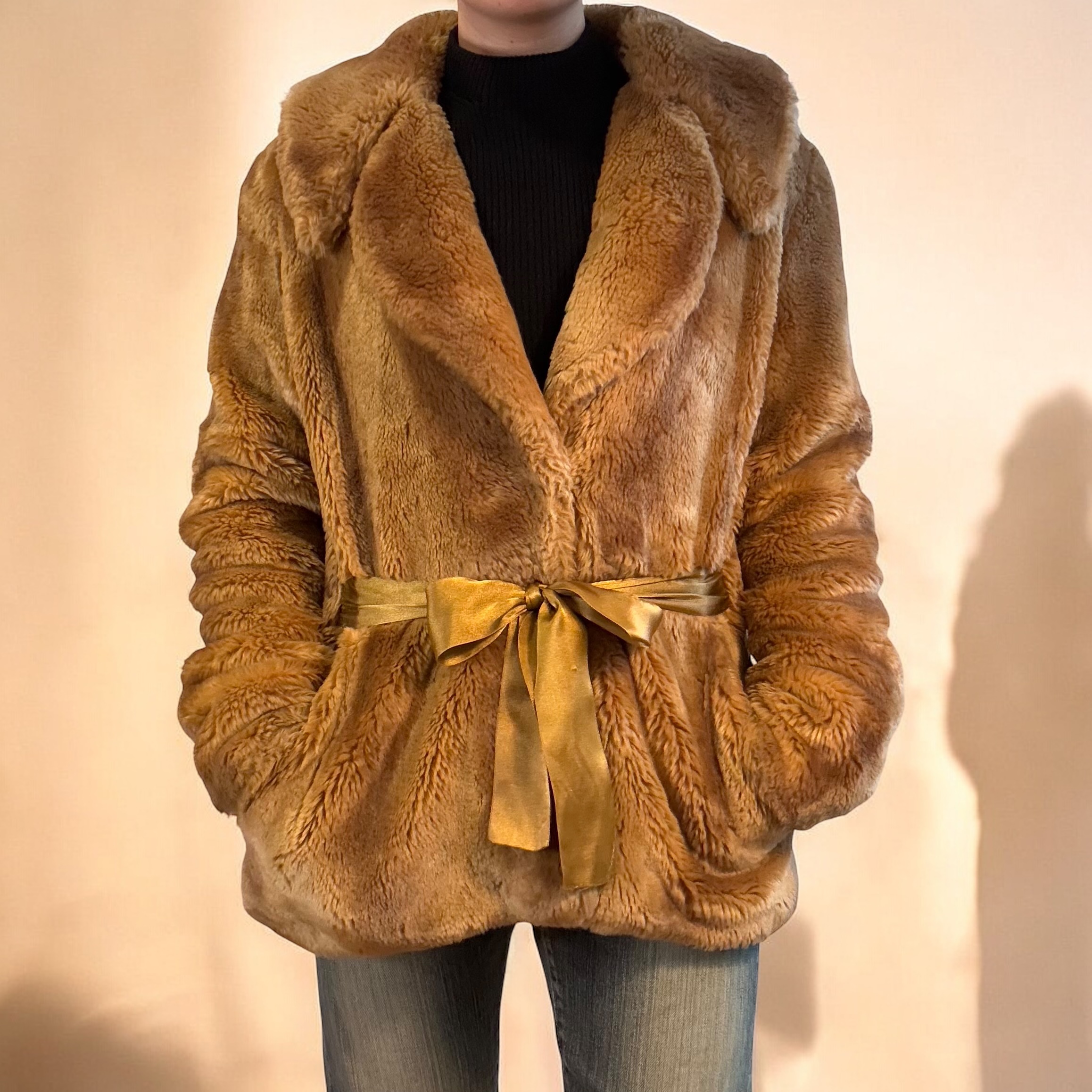 Golden Brown Fur Teddy Jacket with Satin Bow Tie