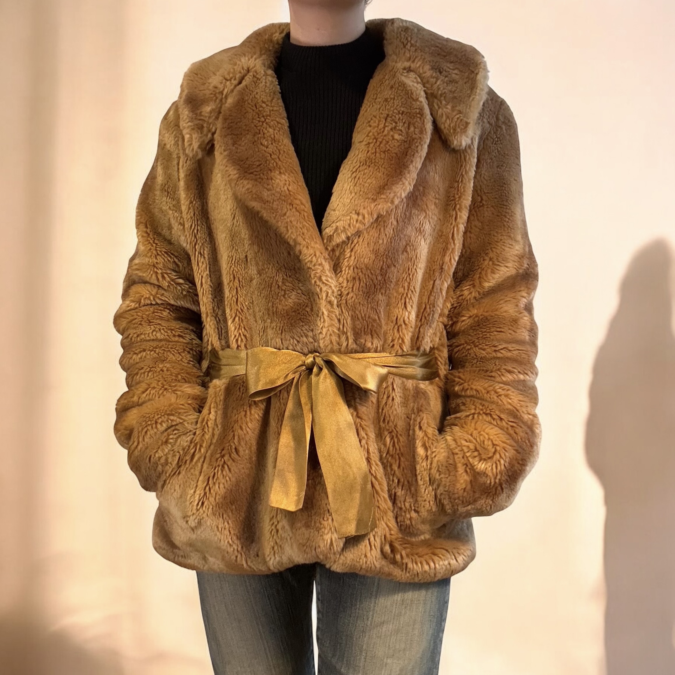 Golden Brown Fur Teddy Jacket with Satin Bow Tie