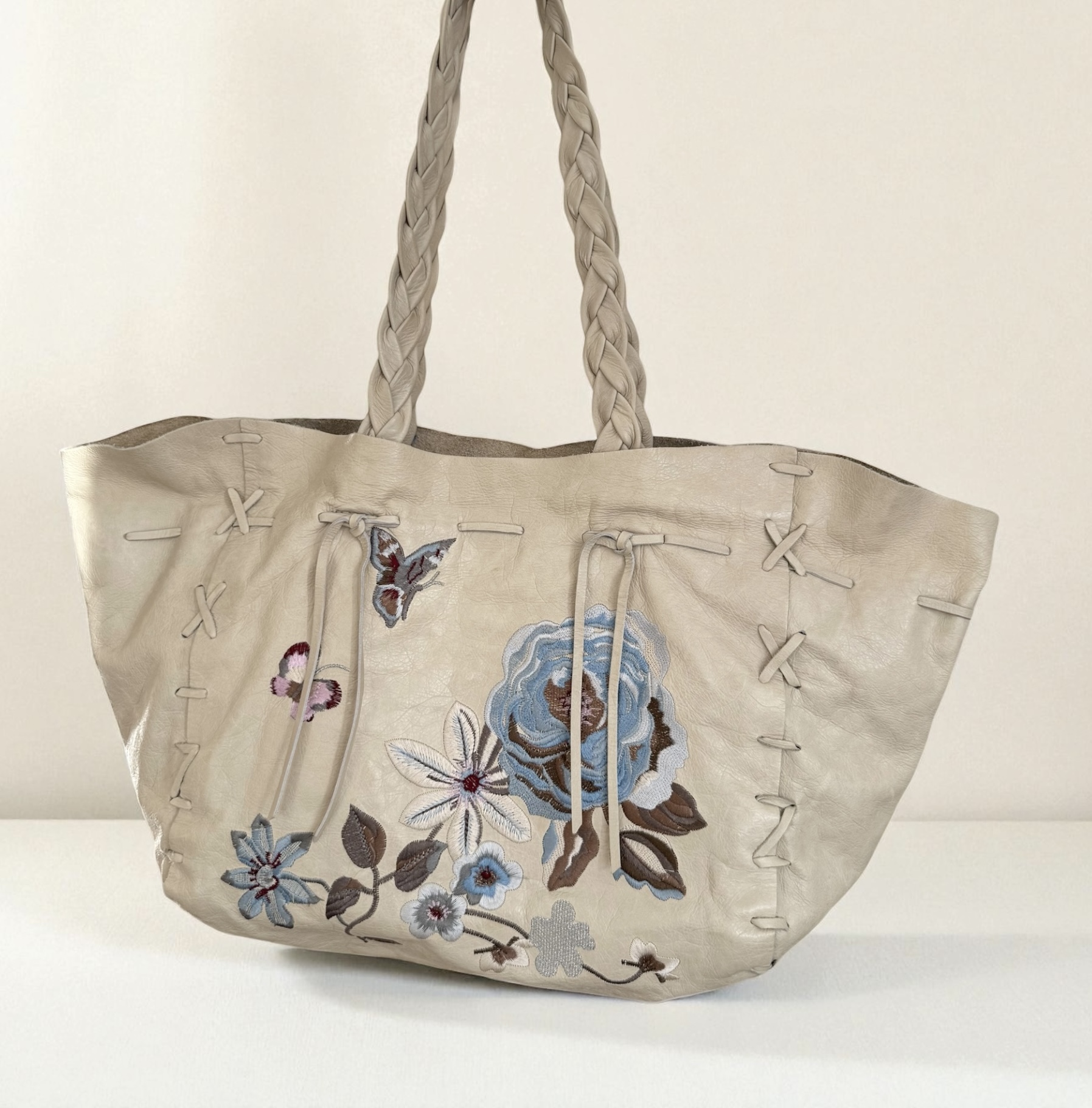 Cream rose butterfly embroidered vintage Italian leather tote bag