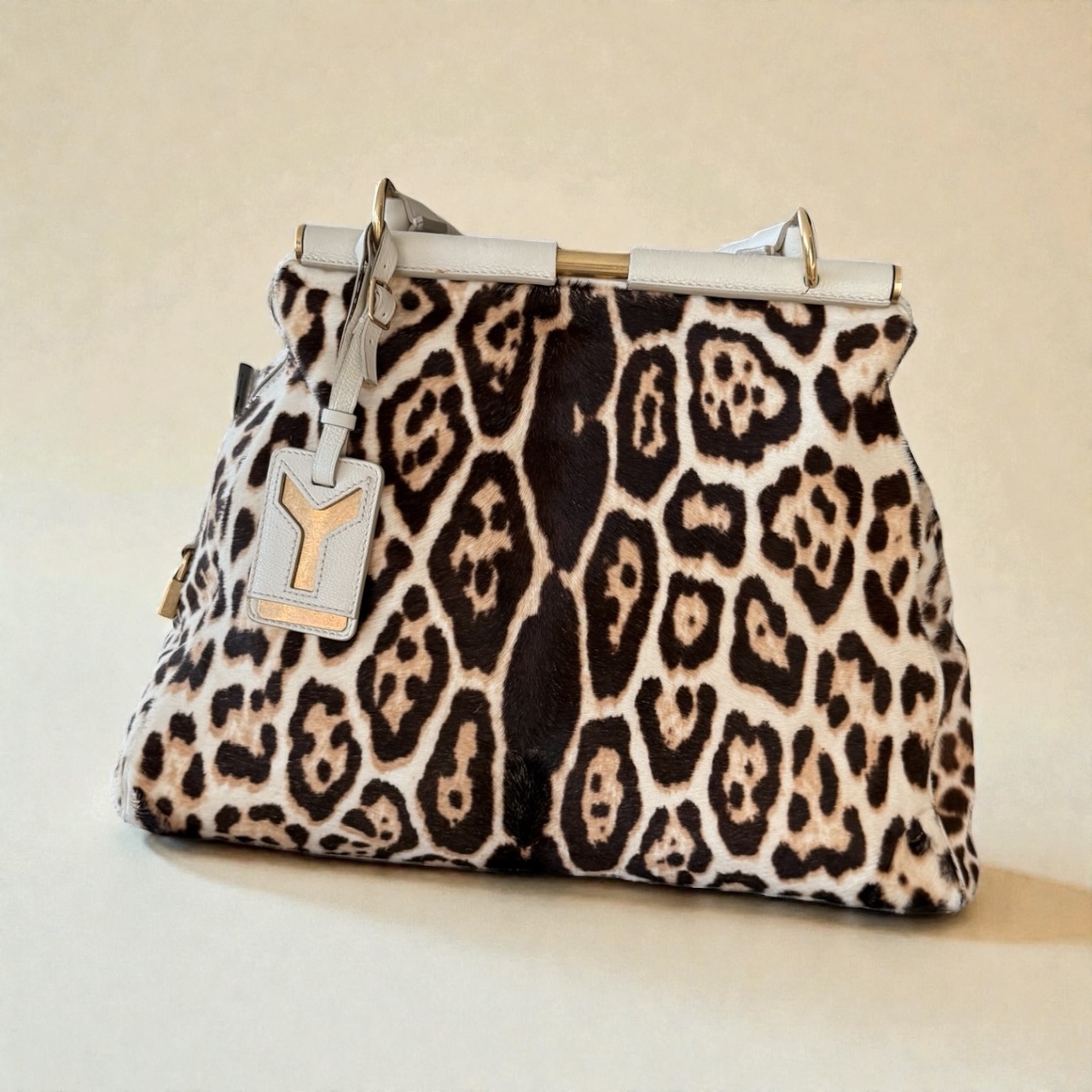 YSL Beige Leopard Calf Hair Majorelle tote bag 