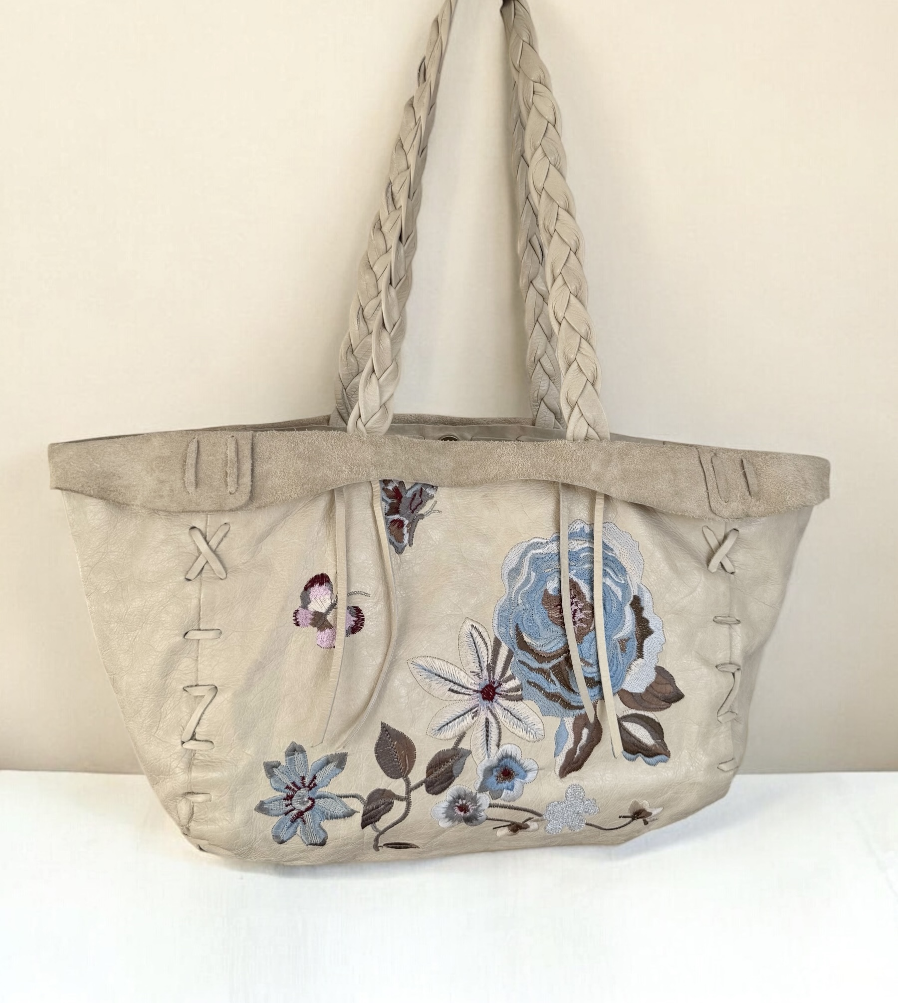 Cream rose butterfly embroidered vintage Italian leather tote bag