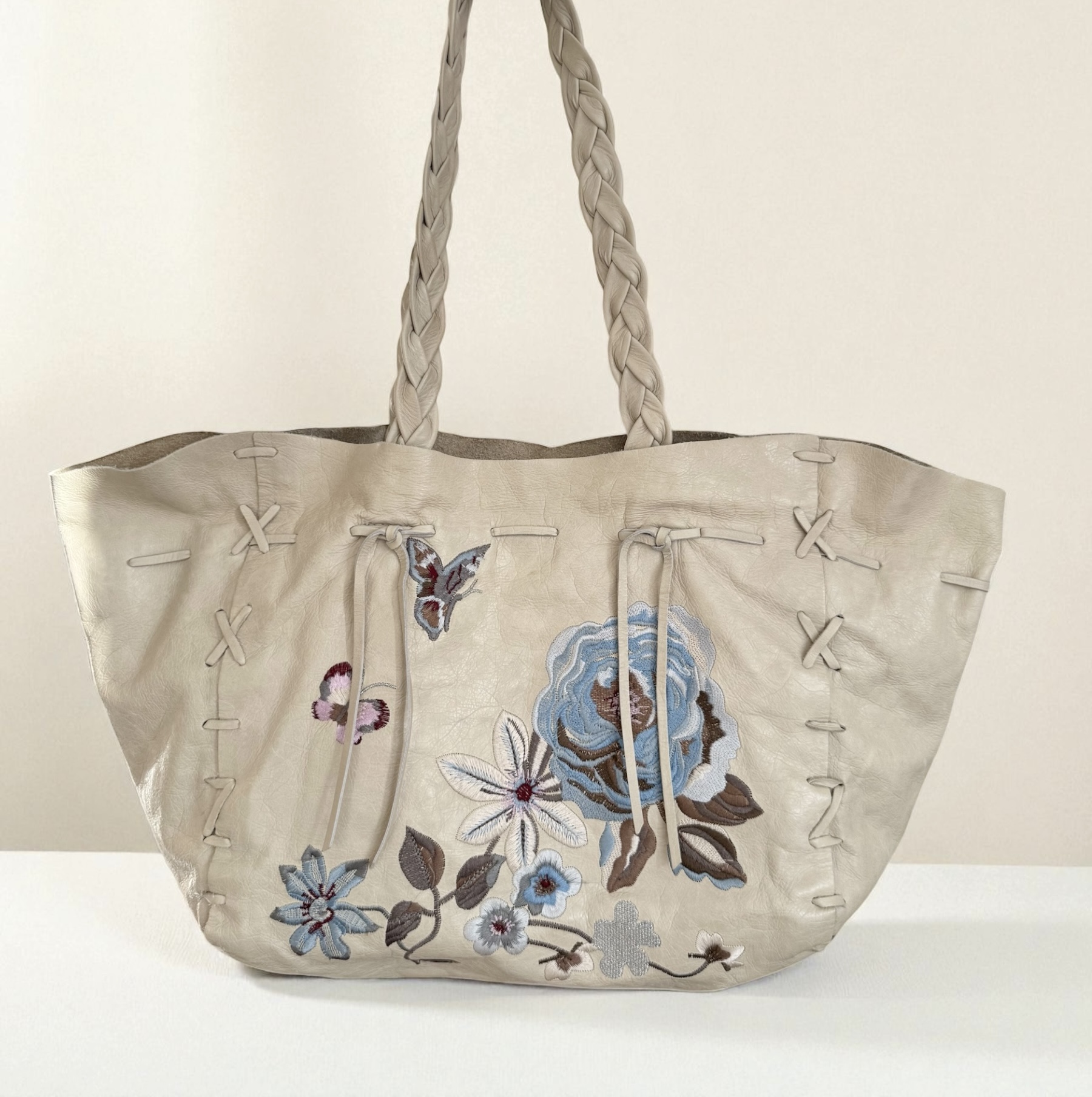 Cream rose butterfly embroidered vintage Italian leather tote bag