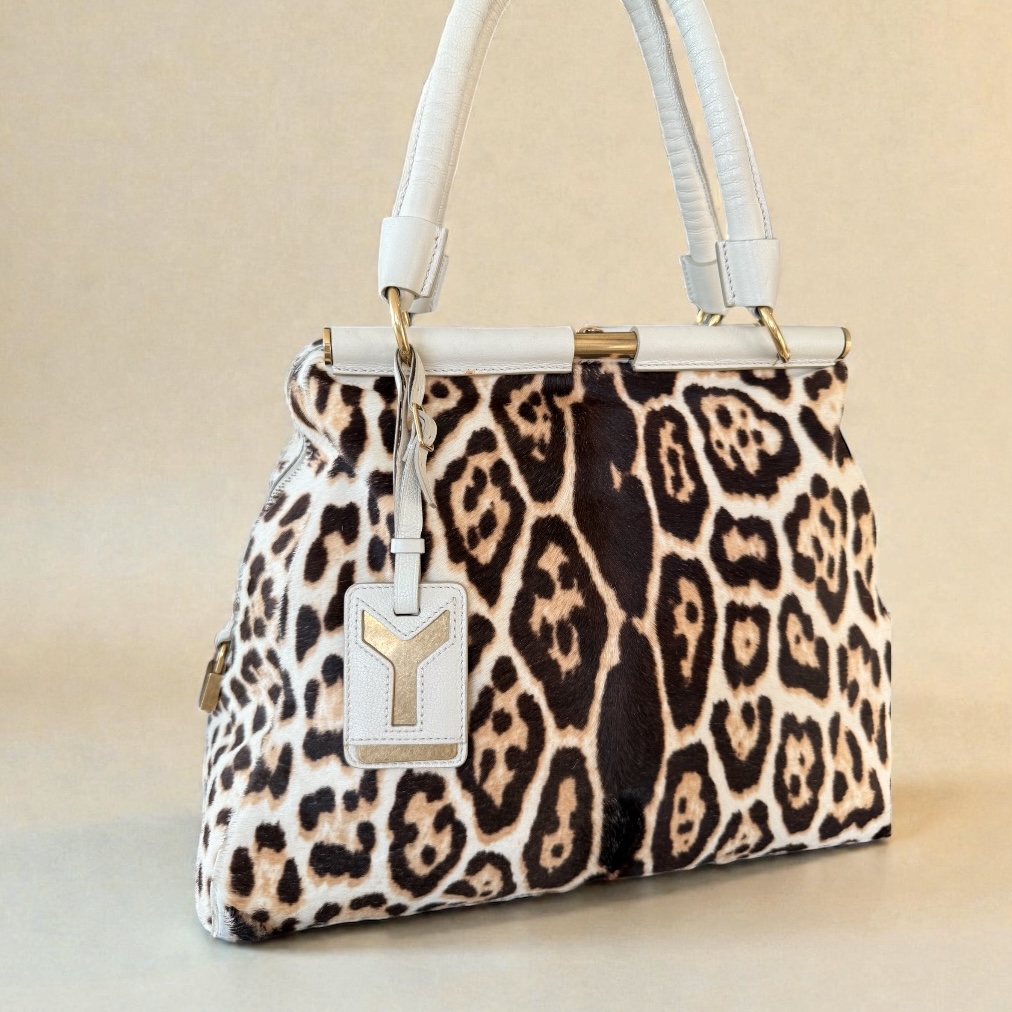 YSL Beige Leopard Calf Hair Majorelle tote bag 