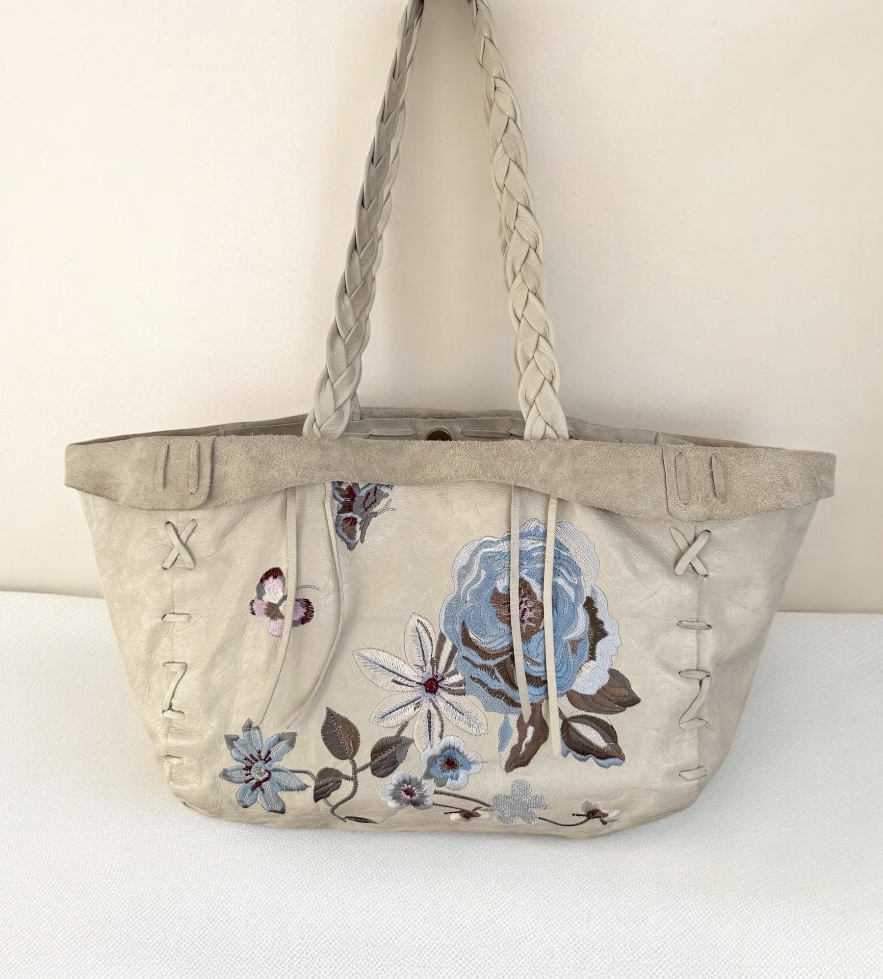 Cream rose butterfly embroidered vintage Italian leather tote bag