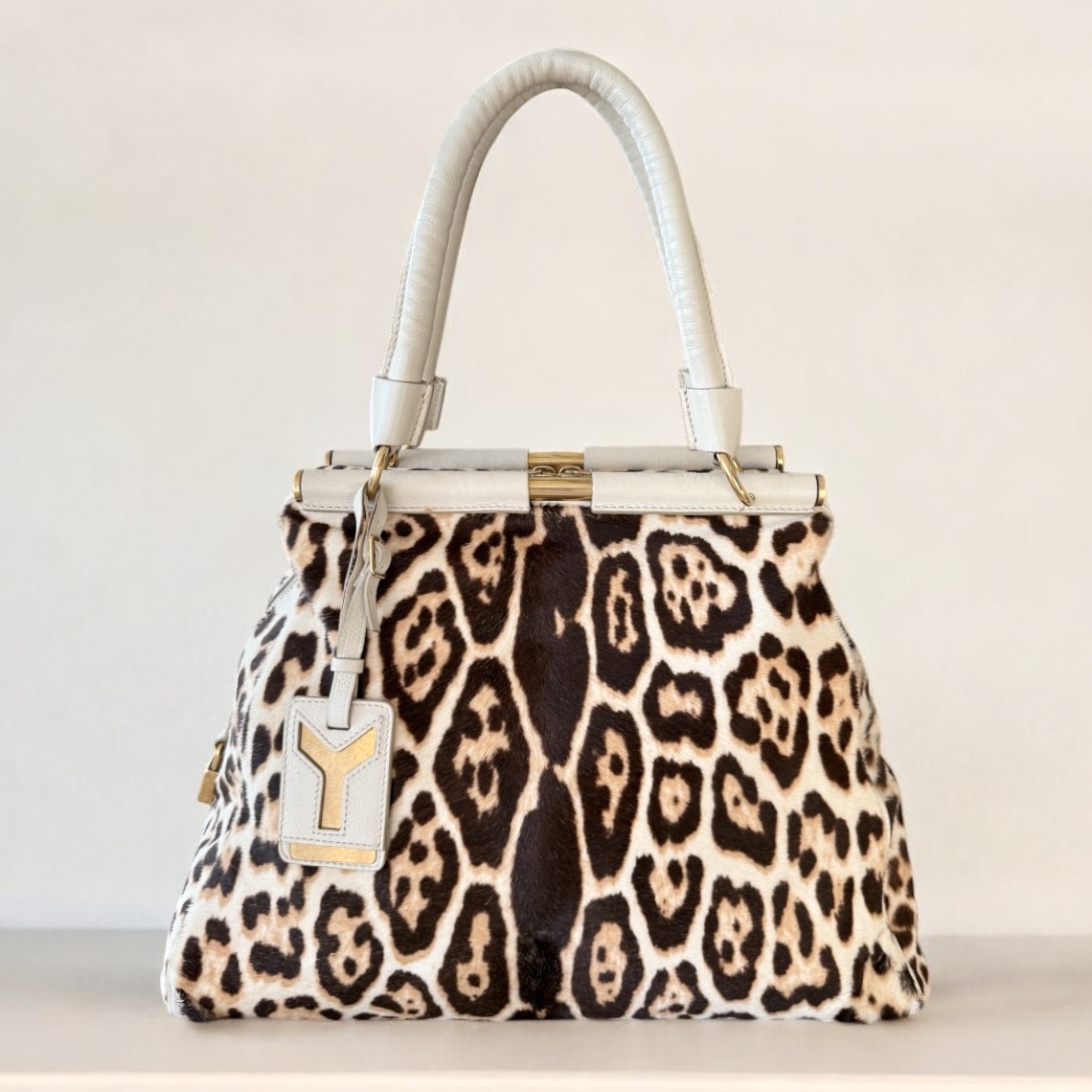 YSL Beige Leopard Calf Hair Majorelle tote bag 