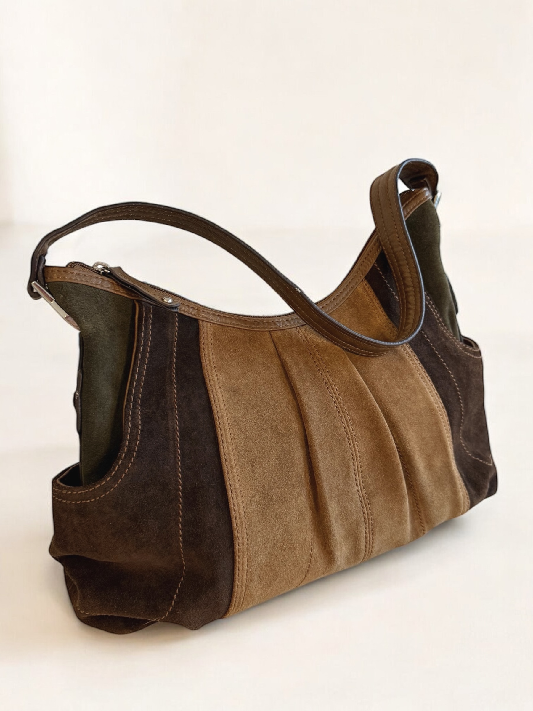 Y2K tri-color brown suede shoulder bag