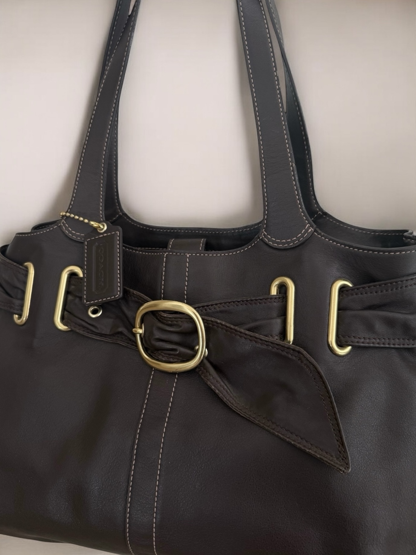 Dark brown belted Coach shoulder tote bag