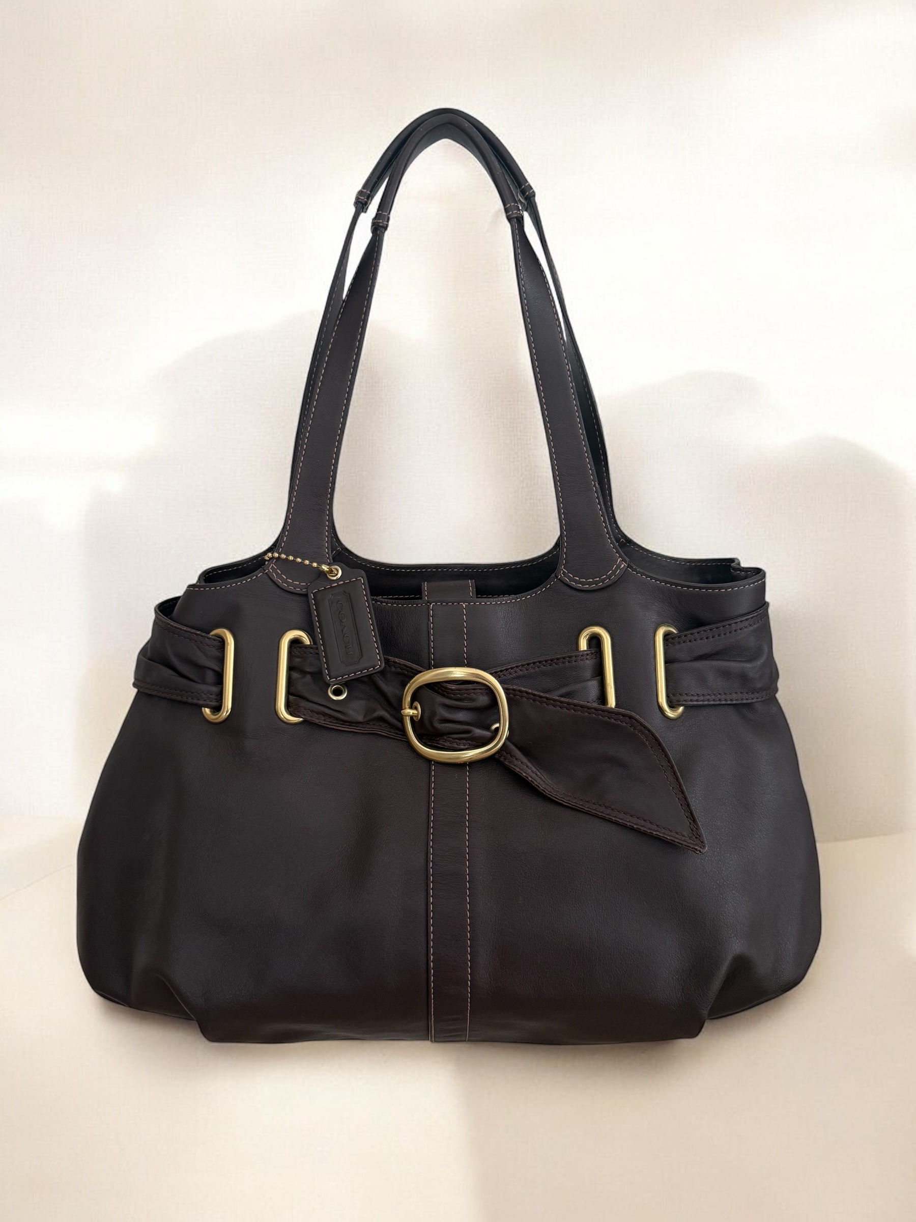 Dark brown belted Coach shoulder tote bag
