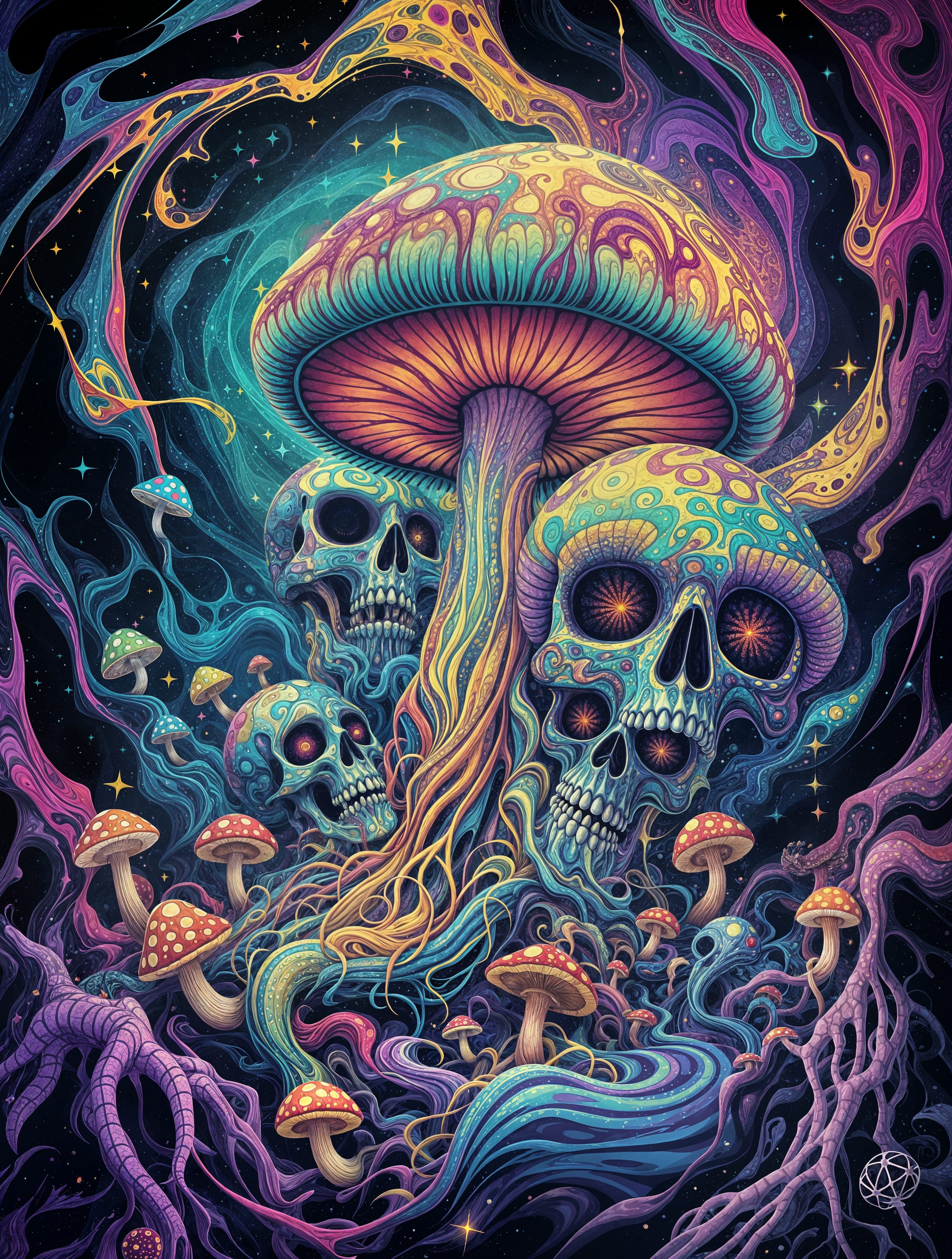 Psychedelic Mushroom and Skull Art Print