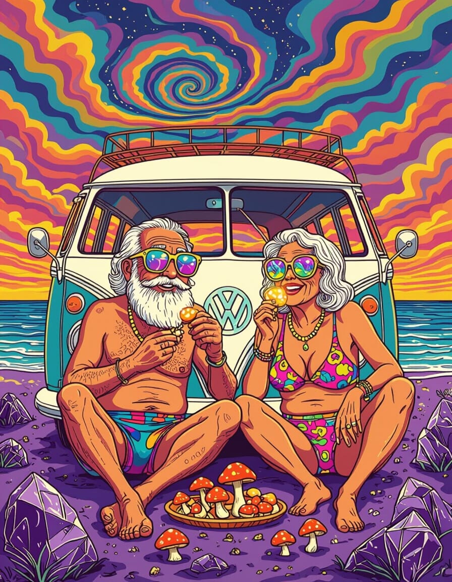 old hippy couple tripping