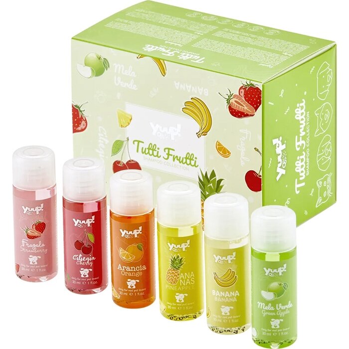 Yuup Tutti Frutti Shampoo Collection – 6 po 30ml skirtingų šampūnų rinkinys šunims ir katėms, vaisių kvapo